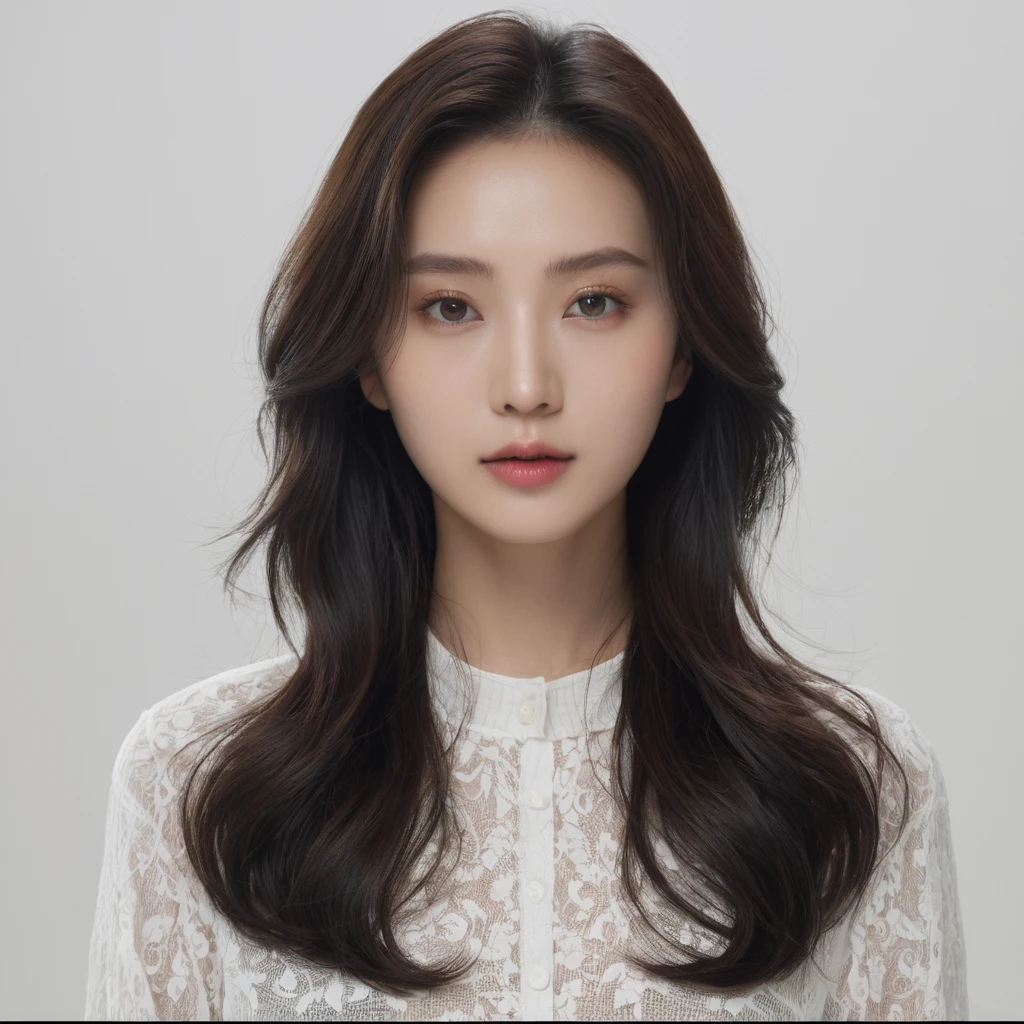 Best Quality, 8k, Masterpiece, (Portrait: 1.3), (photo realistic:1.4), (hyper realistic:1.4), Sharp Focus, looking at viewer, (smoother lighting:1.1), (increase cinematic lighting quality:0.9), realistic lighting, backlighting, light on face, ray trace, (brightening light:1.2), (Increase quality:1.4), sharp detail, (best quality real texture skin:1.4), finely detailed eyes, black_eyes, finely detailed face, 25 year old Korean woman, (white formal_shirt:1.4), (Create an image maintaining the original base model hairstyle:1.5)