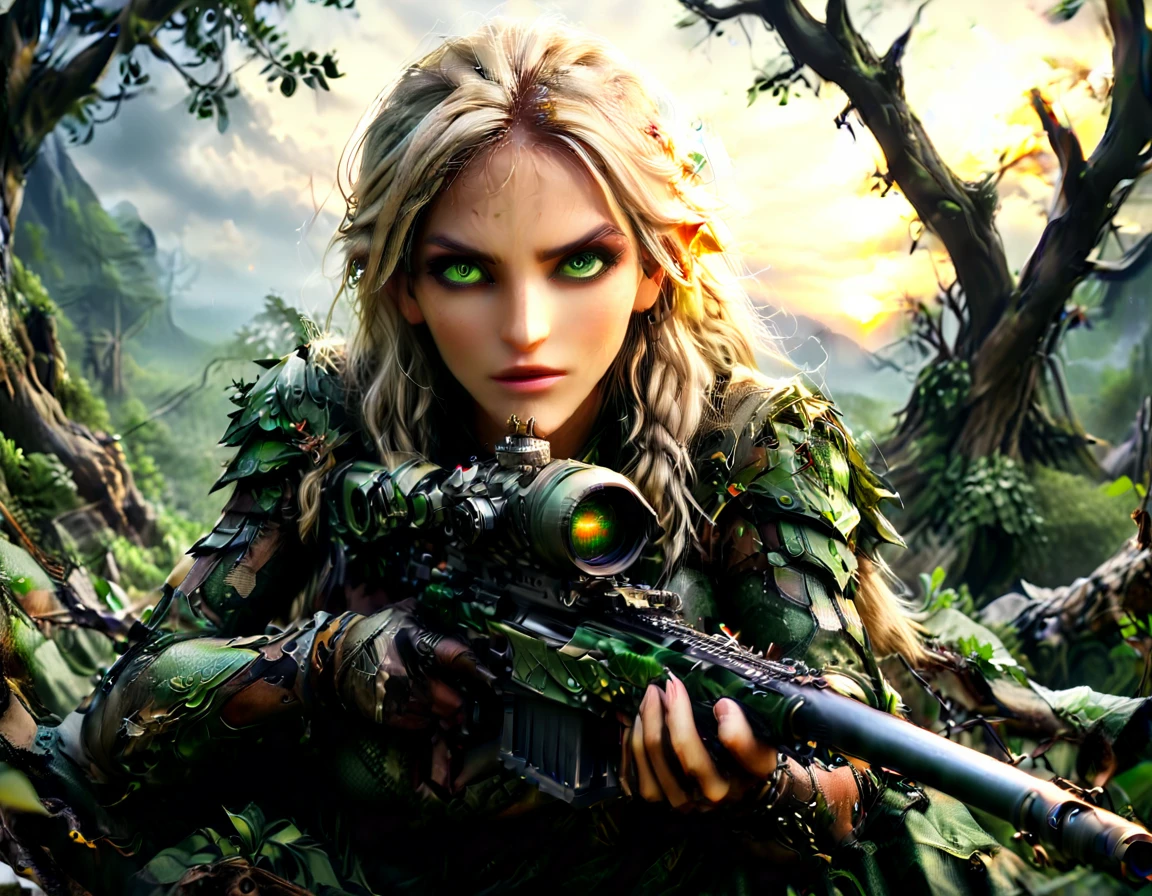 a portrait picture of a 1single female elf sniper, lying on a tree branch aiming a sniper rifle, an exotic beautiful elf sniper, blond hair, braided hair, intense green eyes, ultra detailed face, small pointed ears, forest camouflage cloths, on top of a epic fantasy tree, aiming a Barret M82, fantasy fores background, its sunset, sun rays, some clouds,  (full body shot: 1.1) , vibrant, Ultra-high resolution, High Contrast, (masterpiece:1.5), highest quality, Best aesthetics), best details, best quality, highres, ultra wide angle, 16k, [ultra detailed], masterpiece, best quality, (extremely detailed) Sniper Rifle, Intense gaze
