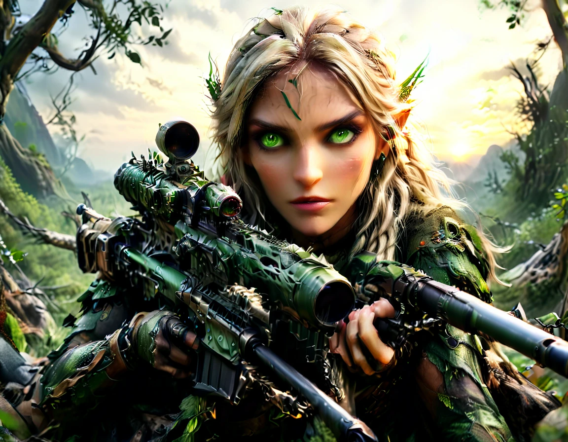 a portrait picture of a 1single female elf sniper, lying on a tree branch aiming a sniper rifle, an exotic beautiful elf sniper, blond hair, braided hair, intense green eyes, ultra detailed face, small pointed ears, forest camouflage cloths, on top of a epic fantasy tree, aiming a Barret M82, fantasy fores background, its sunset, sun rays, some clouds,  (full body shot: 1.1) , vibrant, Ultra-high resolution, High Contrast, (masterpiece:1.5), highest quality, Best aesthetics), best details, best quality, highres, ultra wide angle, 16k, [ultra detailed], masterpiece, best quality, (extremely detailed) Sniper Rifle, Intense gaze
