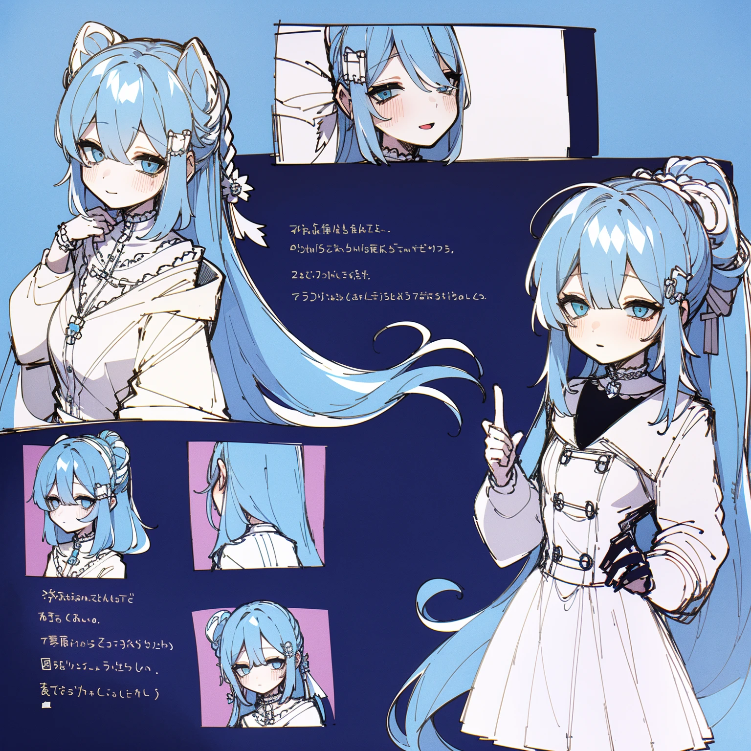 masterpiece, best quality, extremely detailed, (illustration, official art:1.1), 1 girl ,(((( light blue long hair)))), ,(((( light blue long hair)))),light blue hair, , long hair ((blush)) , cute face, big eyes, masterpiece, best quality,(((((a very delicate and beautiful girl))))),Amazing,beautiful detailed eyes,blunt bangs((((little delicate girl)))),tareme(true beautiful:1.2), sense of depth,dynamic angle,,,, affectionate smile, (true beautiful:1.2),,(tiny 1girl model:1.2),)(flat chest) ,2 d anime style, anime moe art style, Jazz & Sublime, cute art style, Anime-style illustration, anime girl, Author: Kamagurka, in Pixiv, pixiv style, pixiv, in anime style, anime art style, Full Body Commission, 1girl, ctcas, Cowboy shot, Character Reference Sheet, The same character, full bodyesbian, Full of Details, multiple poss and expressions,  (Character Sheet:1.2),full - body