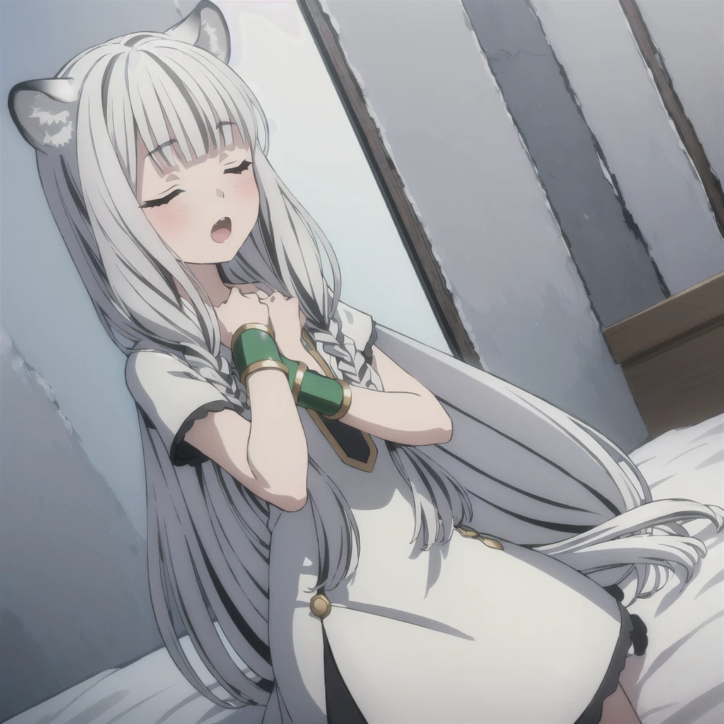 ((masterpiece)), (best quality), (ultra-detailed), photorealistic, (best illustration), ((an extremely delicate and beautiful)), 1girl, solo, long hair, tiger ears, [:tiger tail under:0.2], white hair, two-tone hair, lying on stomach, on bed, tired, white dress, (green dress:1), multicolored dress, cross-laced, open eyes, open mouth, showing fangs, black skirt, short sleeves, detailed scenery, blue sky, horizon, low twin braids, twin braids, hair ornament, bracelet, (looking at viewer:0.9), blush, tail wagging, teasing viewer.