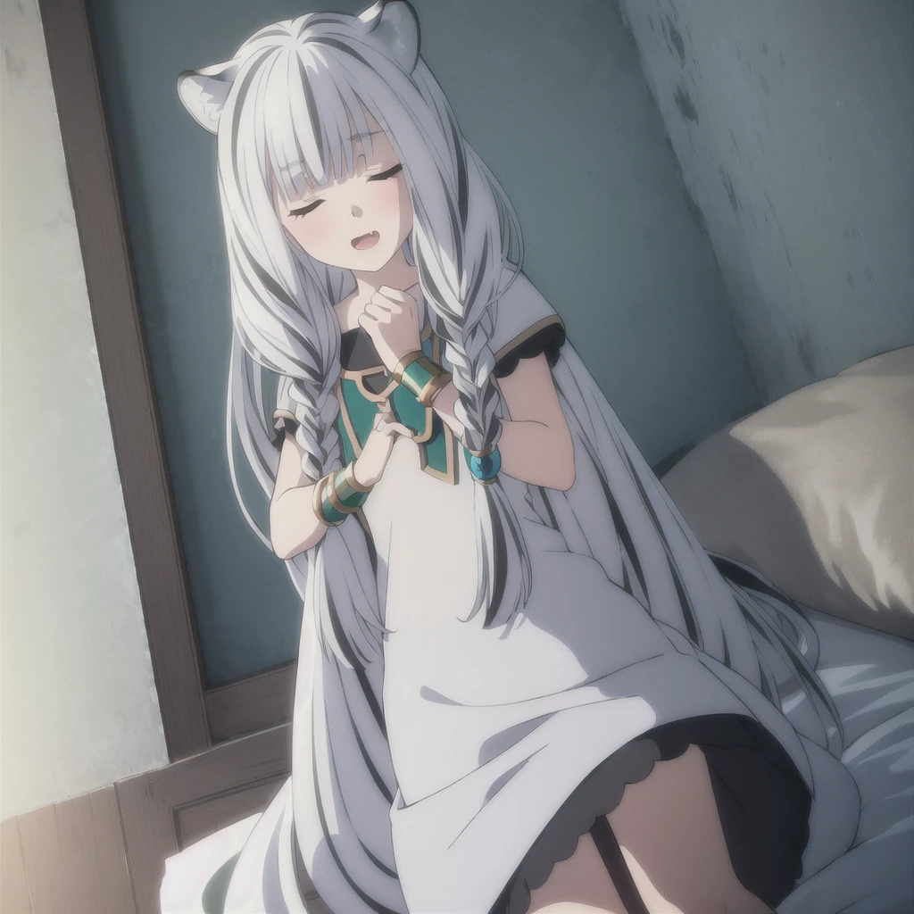 ((masterpiece)), (best quality), (ultra-detailed), photorealistic, (best illustration), ((an extremely delicate and beautiful)), 1girl, solo, long hair, tiger ears, [:tiger tail under:0.2], white hair, two-tone hair, lying on stomach, on bed, tired, white dress, (green dress:1), multicolored dress, cross-laced, open eyes, open mouth, showing fangs, black skirt, short sleeves, detailed scenery, blue sky, horizon, low twin braids, twin braids, hair ornament, bracelet, (looking at viewer:0.9), blush, tail wagging, teasing viewer.