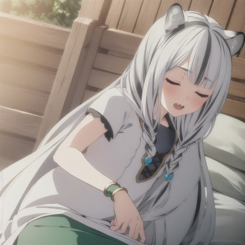 ((masterpiece)), (best quality), (ultra-detailed), photorealistic, (best illustration), ((an extremely delicate and beautiful)), 1girl, solo, long hair, tiger ears, [:tiger tail under:0.2], white hair, two-tone hair, lying on stomach, on bed, tired, white dress, (green dress:1), multicolored dress, cross-laced, open eyes, open mouth, showing fangs, black skirt, short sleeves, detailed scenery, blue sky, horizon, low twin braids, twin braids, hair ornament, bracelet, (looking at viewer:0.9), blush, tail wagging, teasing viewer.