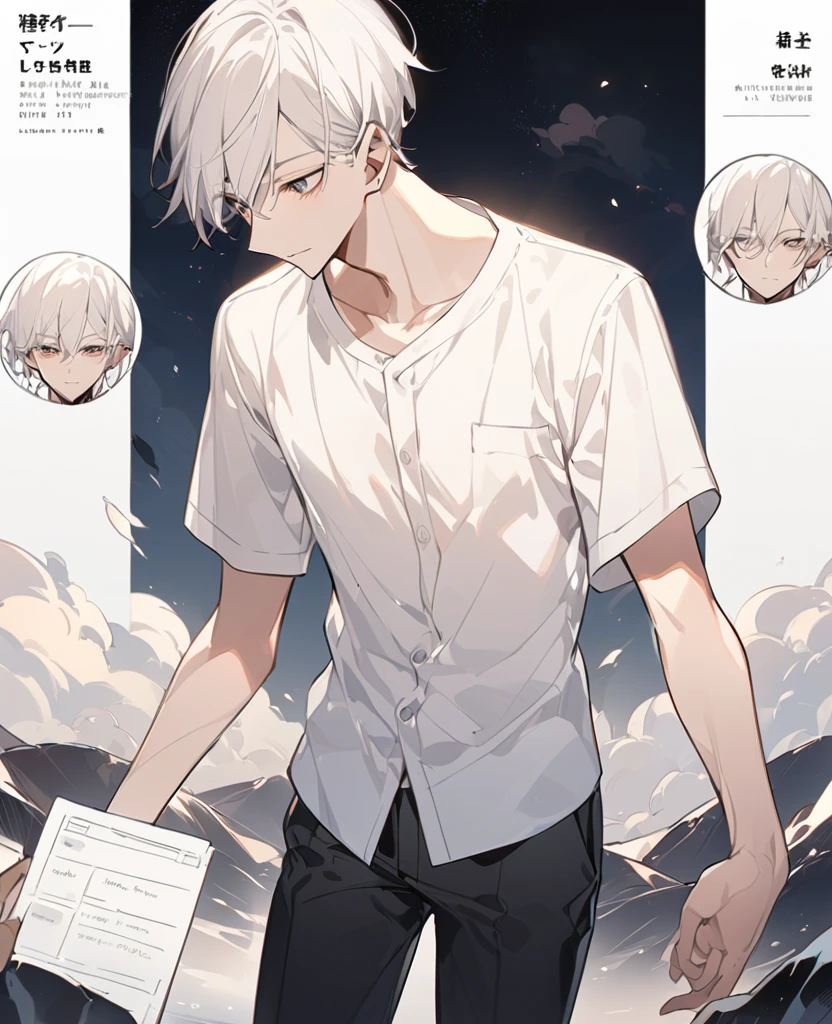 shirt、Man in a shirt、White shirt、Landscape、Horizontal view。Look to the side、Male close-up、Upper body view、Character Sheet、Put your arms forward、Laying hands、Place your hands in front of you、Slender Man、Thin men、