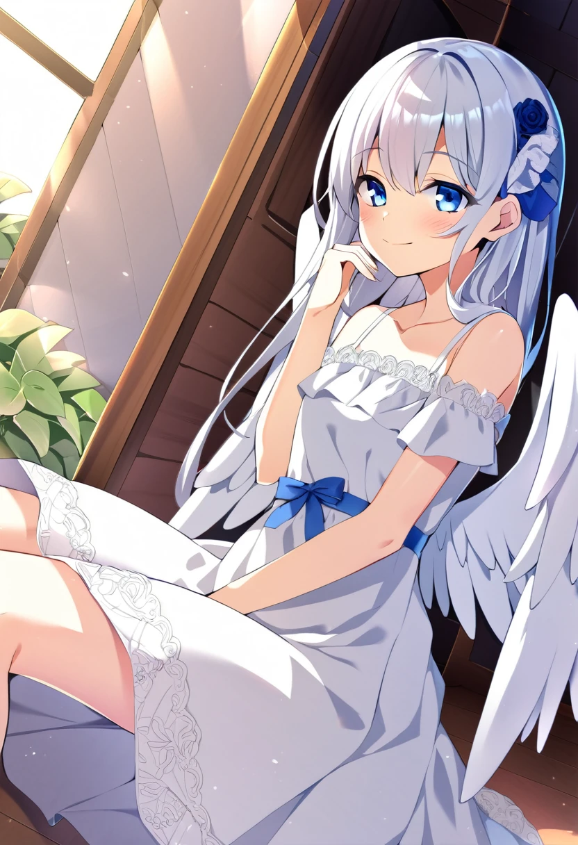 one girl, pure white angel, , white dress, sitting, light blue eyes, big angel wing, happily, blush