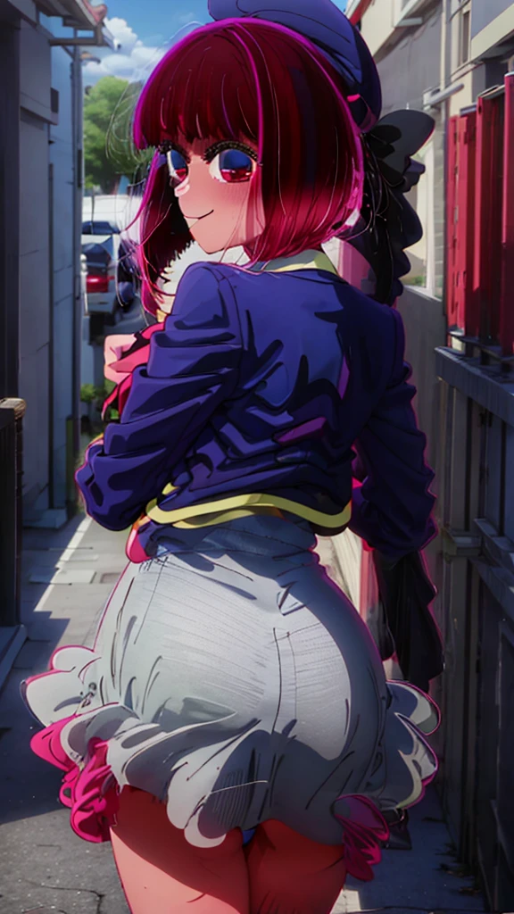 high resolution, ultra-sharp, 8k, Masterpiece, he has cultivated four, looking at the viewer, Photography from behind, thick ass, wearing red thong, seductive smile, beautiful face, ashamed.
