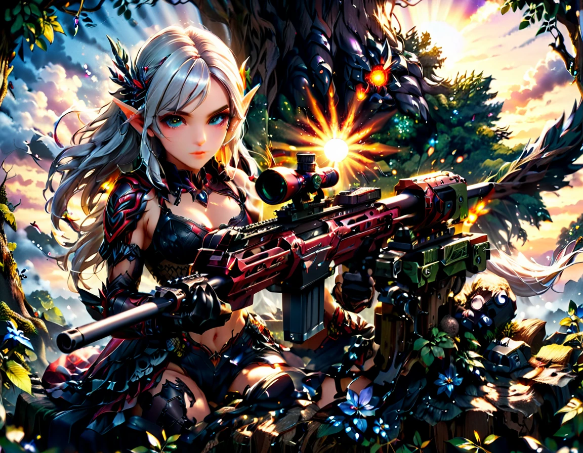 a portrait picture of a 1single female drow elf sniper, lying on a tree branch aiming a sniper rifle, an exotic beautiful elf sniper, white hair, braided hair, intense purple eyes, ultra detailed face, small pointed ears, forest green camouflage cloths, on top of a epic fantasy tree, aiming a Barret M82, fantasy fores background, its sunset, sun rays, some clouds,  (full body shot: 1.1) , vibrant, Ultra-high resolution, High Contrast, (masterpiece:1.5), highest quality, Best aesthetics), best details, best quality, highres, ultra wide angle, 16k, [ultra detailed], masterpiece, best quality, (extremely detailed) Sniper Rifle, Intense gaze

