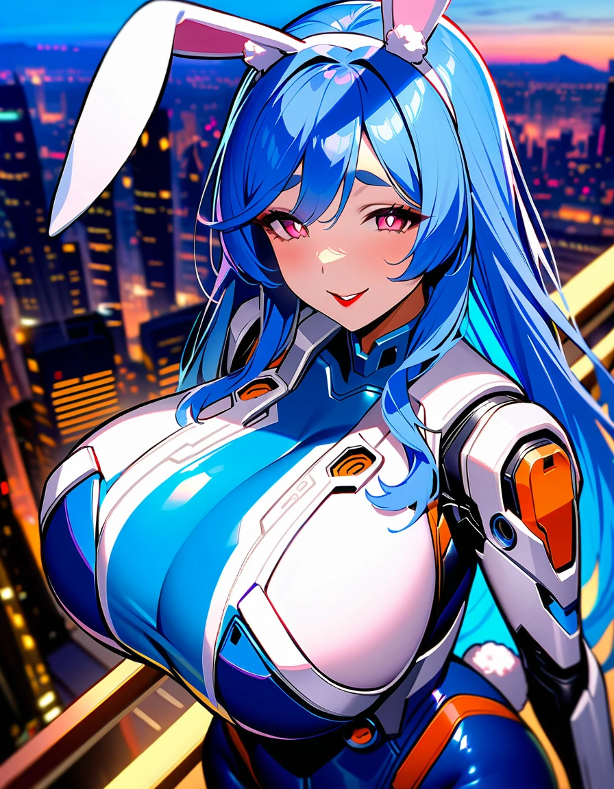 masterpiece, high quality, Very detailed, One girl, Mature Woman, alone, Bunny girl, Pekomama, (Huge breasts:1.5), ((((Blue Hair), Long Hair, Pink Eyes, elongated pupils, Bunny ears))), Red lips, (((Mechanical bodysuit, Blue striped bodysuit))), ((Mischievous Smile), Mouth closed), ((Futuristic cityscape))