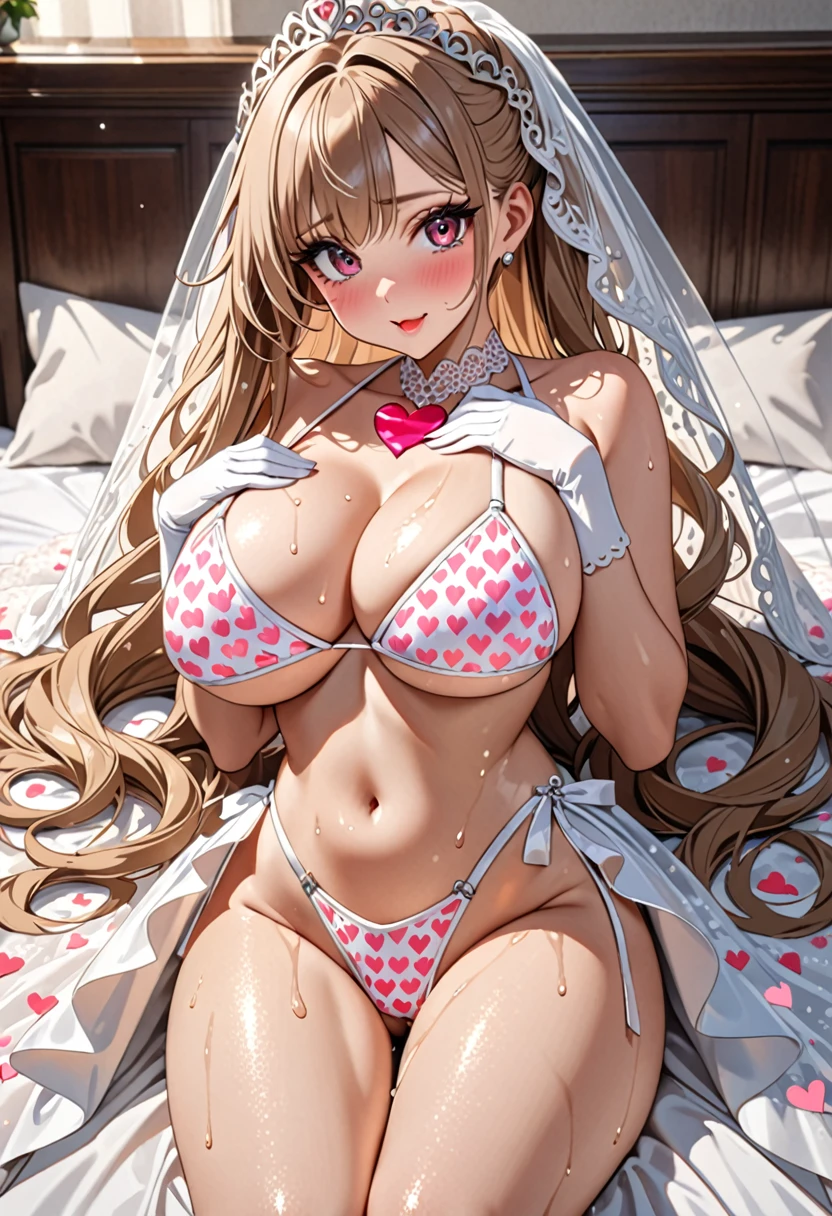 (((Highest quality, Ultra-high resolution、The most complex and detailed depiction)))、((masterpiece:1.3)), (8k, RAW Photos, Best image quality: 1.4), Very detailedな顔、Attention to detail、(Beautiful woman:1.4),(Realistic:1.4) (8k, RAW Photos,), (photo-Realistic:1.2), Very detailed, Beautiful attention to detail, (girl:1.3)、(Embarrassing、He looks at me with a sad expression、(Ecstatic expression,Blushing))、Dark eyeliner、Eyelash length、False eyelashes、double eyelid、Brown eyes、Light fluorescent lip gloss, ((hostess:1.2)),(((Bride in prom dress)))、(((pink heart print bikini、Red and white big heart pattern),(Pink tea bags)、(White wreath on head、Wedding veil、Maria veil))、Pink heart choker around the neck),(((Open wedding dress)))、(((White mesh opera gloves))),(Huge breasts:1.6),、(Cleavage:1.2)、(((Light brown hair、Braided hair、((Putting hair together at the back of the head,Hair Up)))))、Gal-style makeup、Dark eyeliner、black eyeliner、Heavy eye makeup、Eyelash length、False eyelashes、Eyelash length、Big eyes、Big black eyes、Big eyes、elongated nose、Heavy makeup、Face with gills、Spread your legs and face forward.、(((whole body)))、Spread your legs座る、Spread your legs、sexy、Glamorous Body、(Saggy breasts、Large saggy breasts)、((Sweat、Your body is wet))、(((Lie face up on the bed)),(Breastfeeding with your arms、Cover your crotch with your hands)