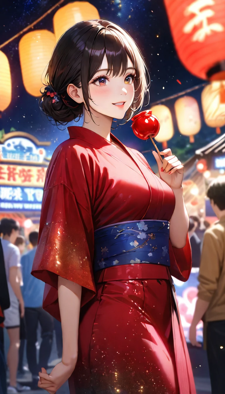 Summer Festival,night, Starry Sky,yukata, Eat a candy apple,Gazing at the sky,Blur the background,high school girl,smile,Glitter effect,Highest quality, 8k, High resolution, masterpiece:1.2, Very detailed, Realistic:1.37, High resolution, 超High resolution, Ultra-fine painting, Very detailed, Professional, Vibrant colors