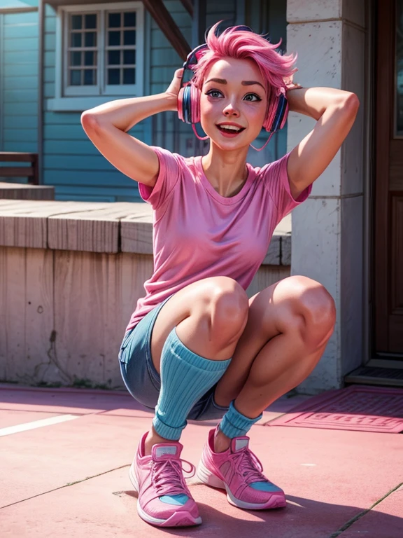 a woman with pink hair, fair skin, blue eyes, wearing a pink shirt, blue headphones, ankle socks, strong arms. expression of joy, happiness, sensual pose.