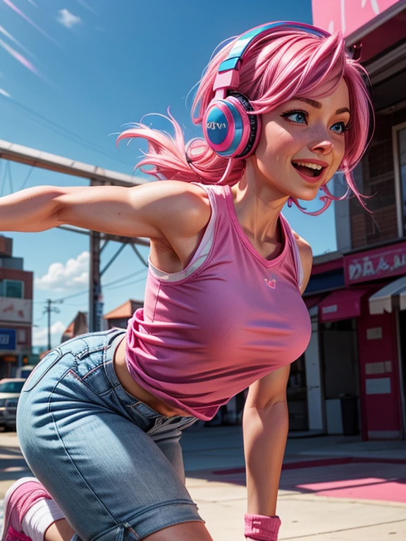 a woman with pink hair, fair skin, blue eyes, wearing a pink shirt, blue headphones, ankle socks, strong arms. expression of joy, happiness, sensual pose.