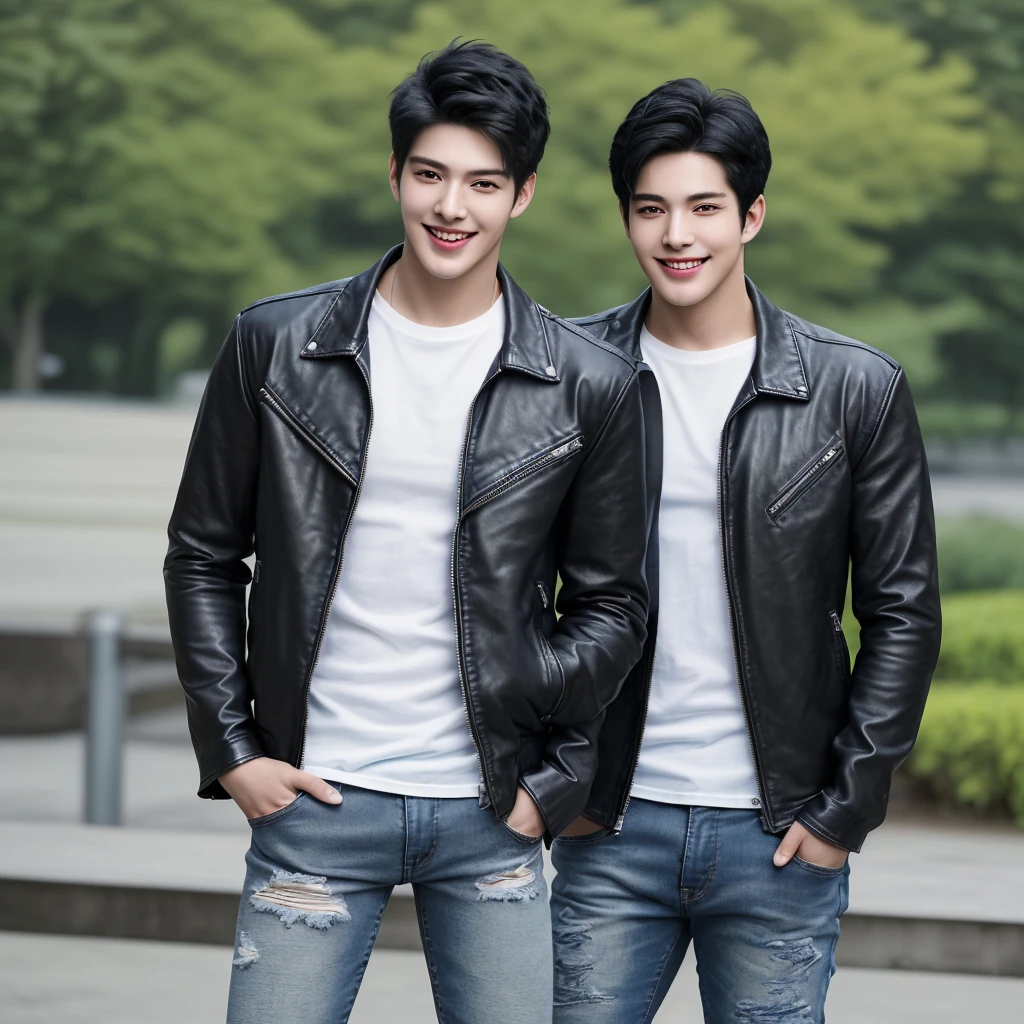 realistic digital photography art, detailed, 3d. A handsome young man with a Korean face is standing in the park, looking at himself with a different appearance. One had straight black hair, wearing a white shirt and blue jeans; the other had short, under-cut hair, wore a black t-shirt, leather jacket and ripped jeans. shake hands with each other with their faces looking at the camera and smiling.