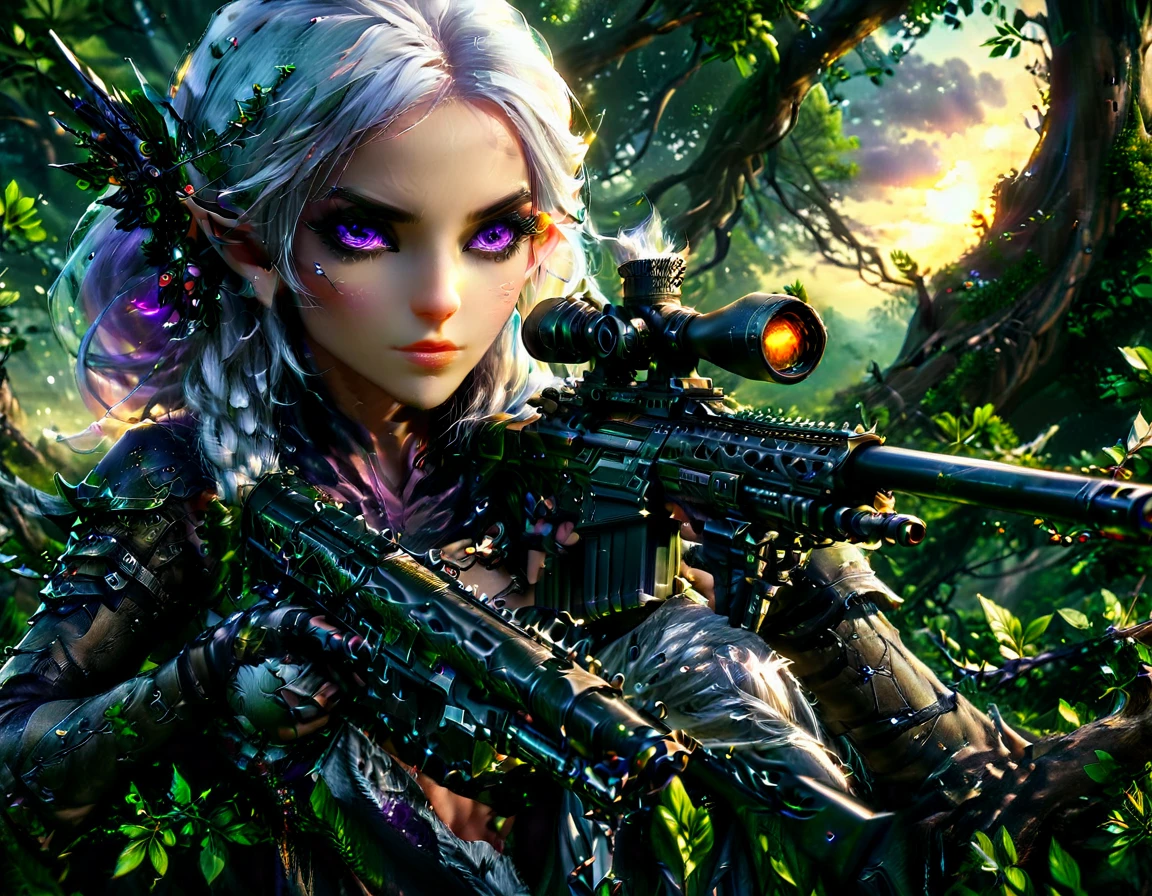 a portrait picture of a 1single female drow elf sniper, lying on a tree branch aiming a sniper rifle, an exotic beautiful elf sniper, white hair, braided hair, intense purple eyes, ultra detailed face, small pointed ears, forest green camouflage cloths, on top of a epic fantasy tree, aiming a Barret M82, fantasy fores background, its sunset, sun rays, some clouds,  (full body shot: 1.1) , vibrant, Ultra-high resolution, High Contrast, (masterpiece:1.5), highest quality, Best aesthetics), best details, best quality, highres, ultra wide angle, 16k, [ultra detailed], masterpiece, best quality, (extremely detailed) Sniper Rifle, Intense gaze
