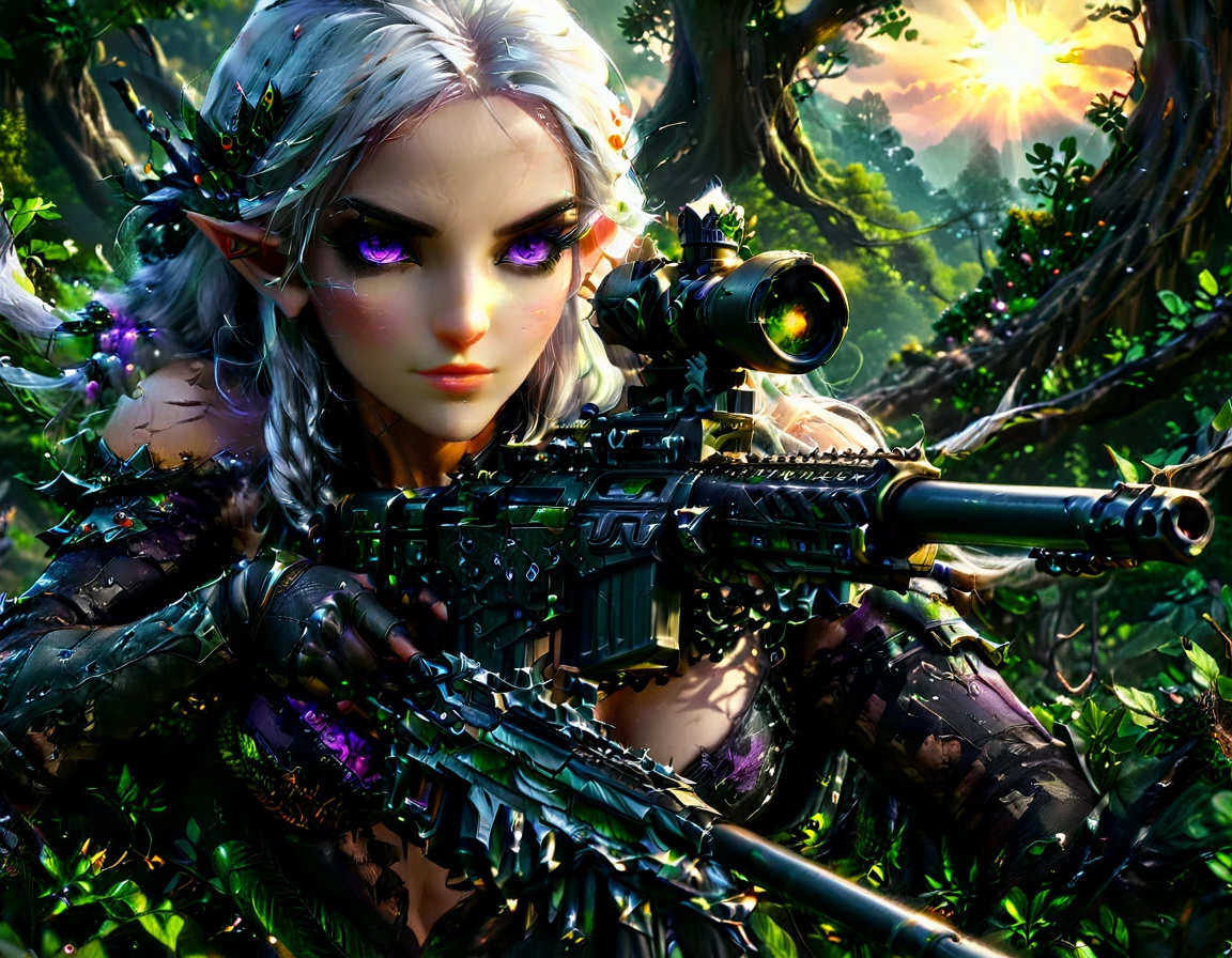 a portrait picture of a 1single female drow elf sniper, lying on a tree branch aiming a sniper rifle, an exotic beautiful elf sniper, white hair, braided hair, intense purple eyes, ultra detailed face, small pointed ears, forest green camouflage cloths, on top of a epic fantasy tree, aiming a Barret M82, fantasy fores background, its sunset, sun rays, some clouds,  (full body shot: 1.1) , vibrant, Ultra-high resolution, High Contrast, (masterpiece:1.5), highest quality, Best aesthetics), best details, best quality, highres, ultra wide angle, 16k, [ultra detailed], masterpiece, best quality, (extremely detailed) Sniper Rifle, Intense gaze
