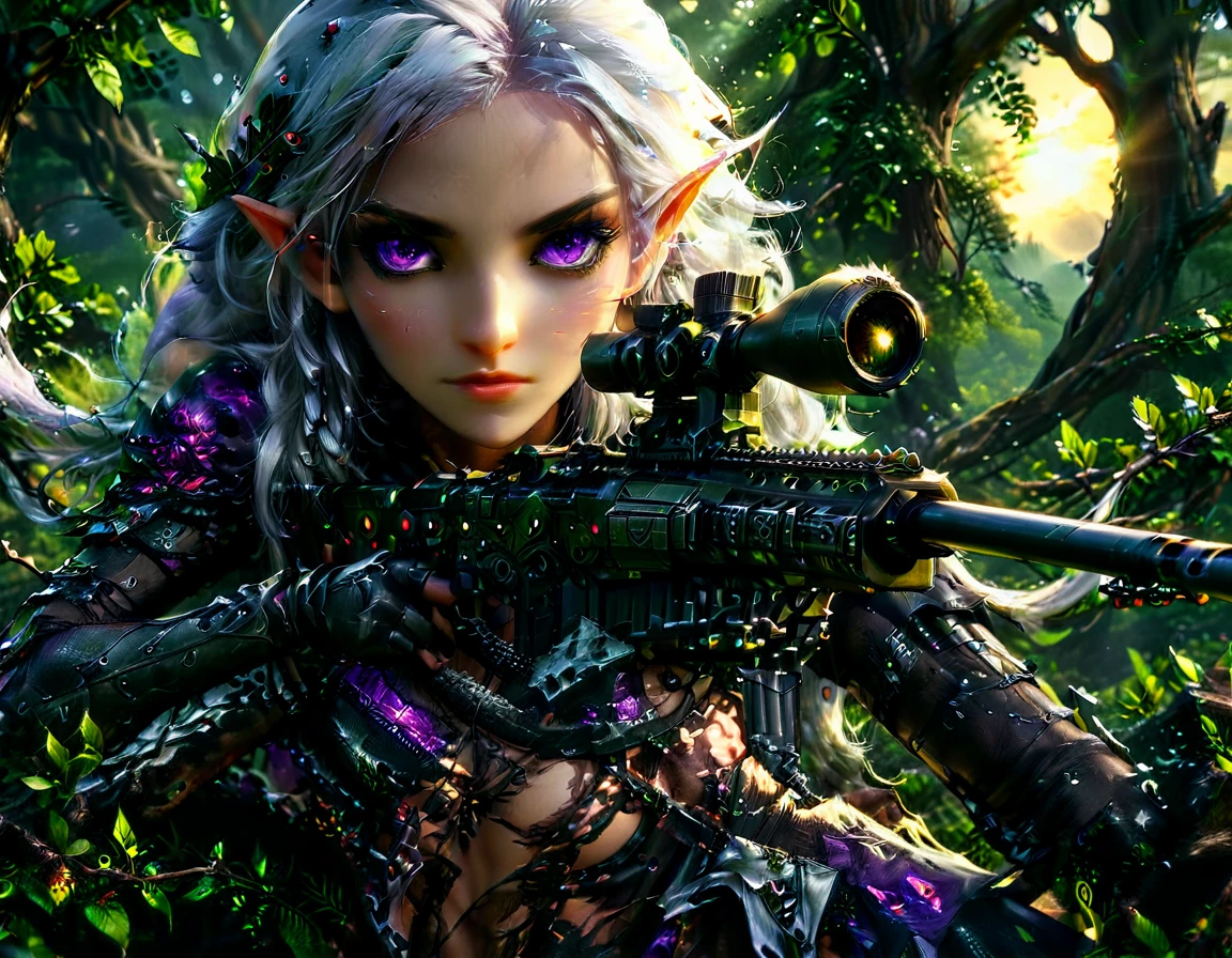 a portrait picture of a 1single female drow elf sniper, lying on a tree branch aiming a sniper rifle, an exotic beautiful elf sniper, white hair, braided hair, intense purple eyes, ultra detailed face, small pointed ears, forest green camouflage cloths, on top of a epic fantasy tree, aiming a Barret M82, fantasy fores background, its sunset, sun rays, some clouds,  (full body shot: 1.1) , vibrant, Ultra-high resolution, High Contrast, (masterpiece:1.5), highest quality, Best aesthetics), best details, best quality, highres, ultra wide angle, 16k, [ultra detailed], masterpiece, best quality, (extremely detailed) Sniper Rifle, Intense gaze
