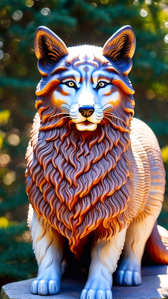 high quality、Traditional Asian architecture in the background、Pointed Ears、god々Shii、A powerful fox、Textured fur pattern、looking at the camera、Stone statue、Real、動きそうなStone statue、Multiple tails、Have a keen eye、Create an exquisitely detailed stone fox sculpture with life-like features。