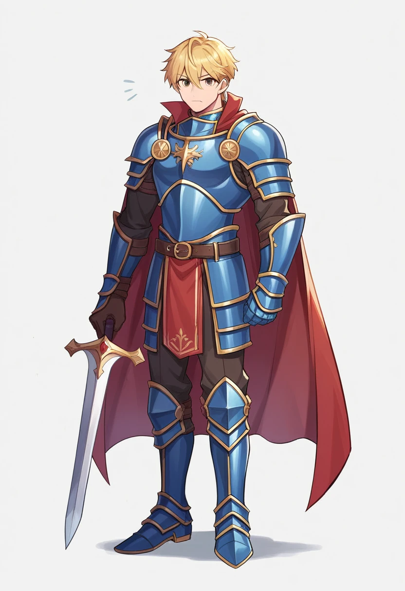 a male anime character is dressed in blue armor, 1boy, blue armor, male focus, reddish-brown eyes, blonde hair, shoulder armor, looking at viewer, breastplate, cape, pauldrons, closed mouth, hair between eyes, full body, full body shot, standing, white background, Create an illustration of a brave knight with an innocent face, characterized by fair skin, blonde hair, and reddish-brown eyes. The knight is wearing blue armor that covers his entire body, making him look both regal and powerful. He is carrying a large sword that is as tall as he is, emphasizing his strength and readiness for battle. but the focus should be on the knight's detailed armor