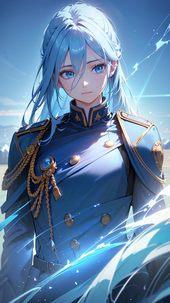 a beautiful detailed blue deity, striking sky blue eyes, detailed blue military uniform, vast blue sky, calm blue ocean, shimmering particles of light, (best quality,4k,8k,highres,masterpiece:1.2),ultra-detailed,(realistic,photorealistic,photo-realistic:1.37),cinematic lighting,dramatic atmosphere,vibrant colors,intricate details,exquisite digital art