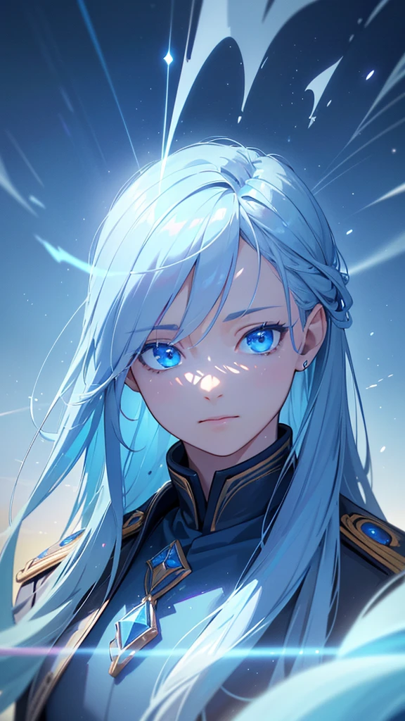 a beautiful detailed blue deity, striking sky blue eyes, detailed blue military uniform, vast blue sky, calm blue ocean, shimmering particles of light, (best quality,4k,8k,highres,masterpiece:1.2),ultra-detailed,(realistic,photorealistic,photo-realistic:1.37),cinematic lighting,dramatic atmosphere,vibrant colors,intricate details,exquisite digital art