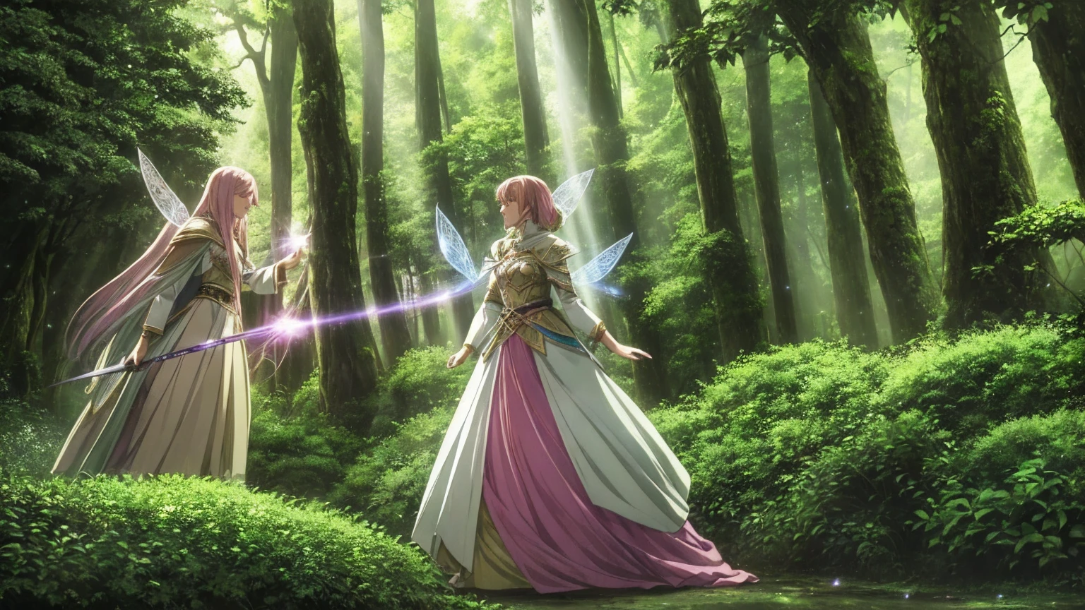 A female adventurer playing with fairies in a beautiful, mystical forest. The woman has a joyful expression, wearing a practical yet stylish outfit suitable for adventuring, with a light armor and a cloak. Her hair is flowing, and she is reaching out to the small, glowing fairies with delicate wings. The forest is lush with vibrant green foliage, tall ancient trees, and colorful flowers. The fairies leave trails of sparkling light as they flutter around her. The scene is illuminated by soft, magical light filtering through the trees, creating a dreamy and enchanting ambiance.