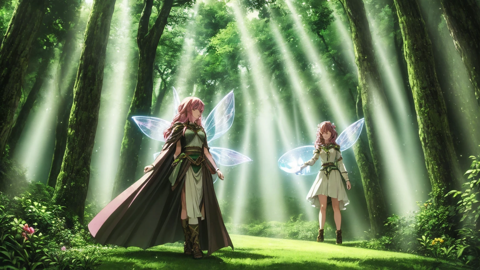 A female adventurer playing with fairies in a beautiful, mystical forest. The woman has a joyful expression, wearing a practical yet stylish outfit suitable for adventuring, with a light armor and a cloak. Her hair is flowing, and she is reaching out to the small, glowing fairies with delicate wings. The forest is lush with vibrant green foliage, tall ancient trees, and colorful flowers. The fairies leave trails of sparkling light as they flutter around her. The scene is illuminated by soft, magical light filtering through the trees, creating a dreamy and enchanting ambiance.
