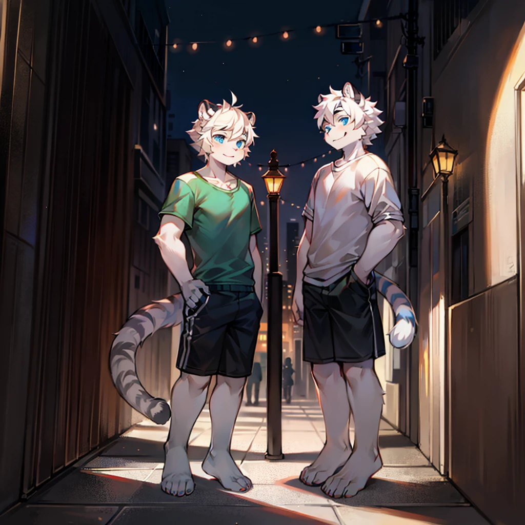 ager, Short white hair, ear, Lower Body, City Streets,Stand on the ground,hairy, White hair everywhere, White hair everywhere, White Tiger, Tiger Tail, masterpiece, High quality portrait, Humanoid, youth style, posture, panoramic, White Tiger型, Green short sleeves, Black shorts, super Handsome face, Handsome, Tiger Youth, blue eyes, White Tiger, white ear, barefoot