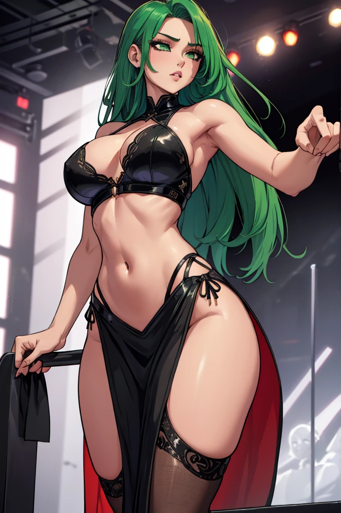 shot from behind, attractive and alluring female erotic dancer is peforming in stage, confident, shoulder-length green hair, wearing dark dress with a split in the center going down to her stomach and her navel and dark tights that reach halfway up her thighs, night club, slim, fit, sexy thighs, (insanely detailed, beautiful detailed face, masterpiece, best quality)