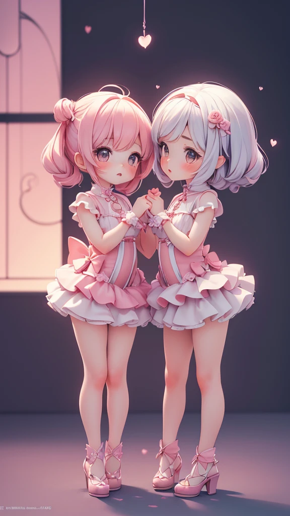 ((kissing)), ((petite bishojo, little 2girls)), ((cute face)), ((cute puffy eyes)), ((masterpiece)), ((best quality)), ((ultra detailed)), ((exquisite)), ((depth)), ((crisp)), ((8k)), ((beautiful and aesthetic)), (super detailed skin), ((high standard)), ((highres)), ((perfect anatomy)), (full body), (blush), (rouge), (sweet devil)