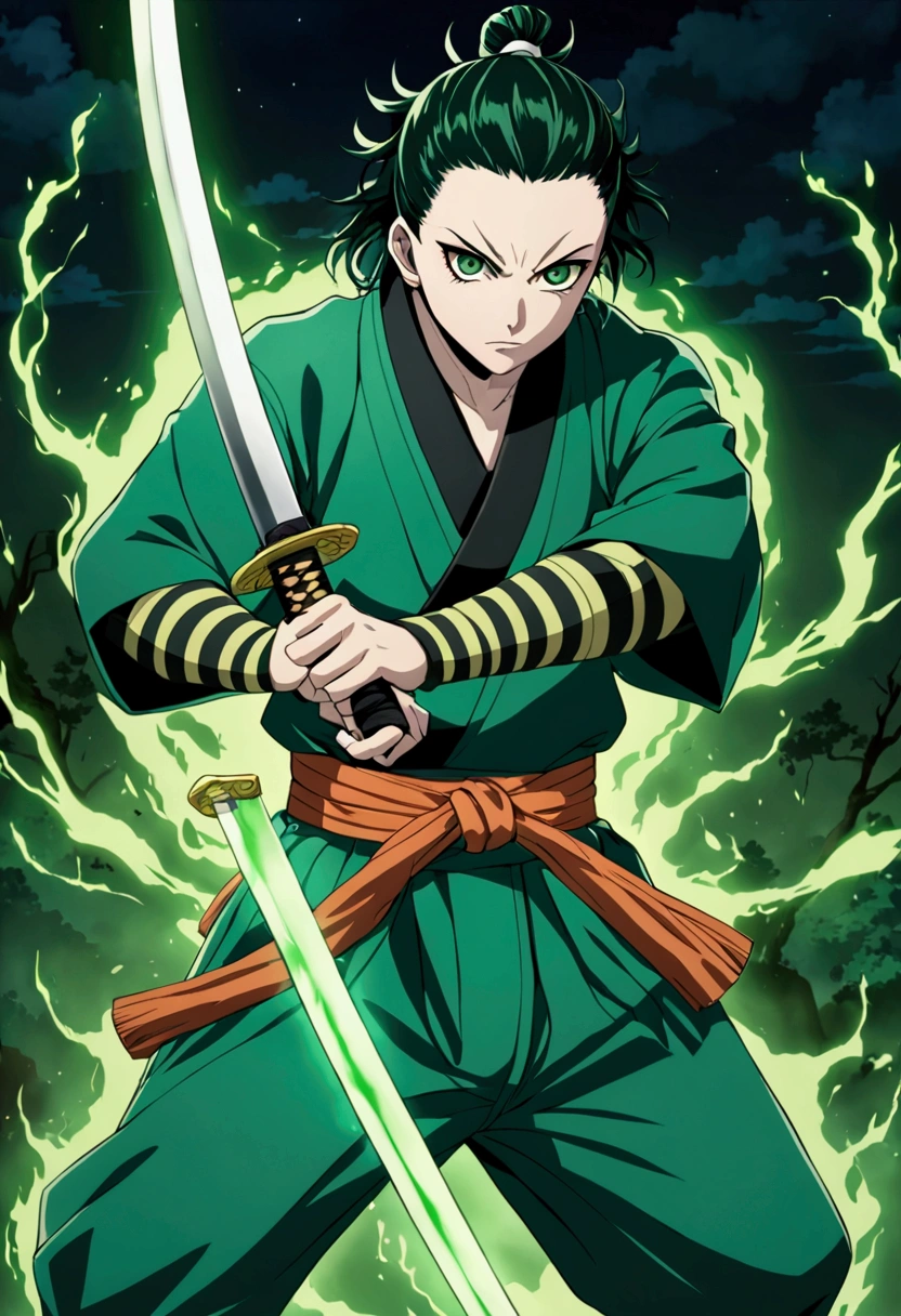 One guy, Kimetsu no Yaiba, katana, toxic breathing style, green clothes, green eyes, sword slash, green sword aura, night backround, fixed arms, detailed arms and katana, human version, toxic aura swing, clip, anime scene, walking, movement capture, mascular body, fighting scene