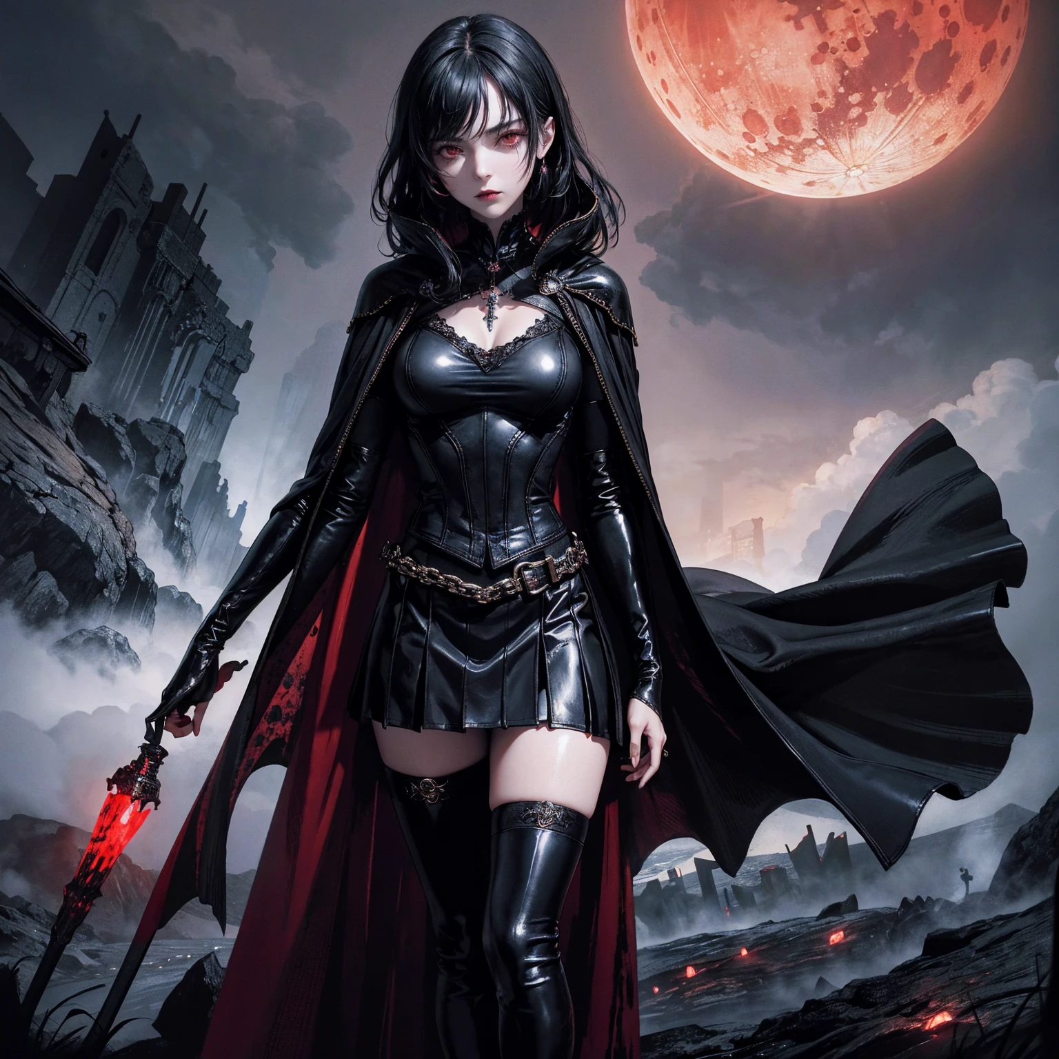 best quality, 4k, high resolution, masterpiece:1.2, Very detailed, actual:1.37, Mood lighting, Girl in a long cape, Wearing a reflective rubber latex skirt that shows a little skin above the chest, Dangerous sneer, Black Hair, Standing, Face facing the camera, Crucified, Pitch black sky, Blood-red moon, strange atmosphere, Gothic style, Unforgettable beauty, Dramatic shadows, Ethereal Light, Mysterious atmosphere.