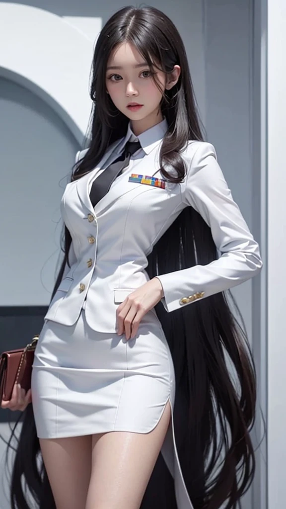 business woman, beautiful woman, Decorated with military insignia, Wear a suit and tie., Short skirt, businessuitwhite, กระโปรงดินสอสั้นwhite, businessuitรัดรูป, All white outfit, Emphasize the curves of the body, (สาวสวยTwo meter long hair, my hair is very long., extra long hair, long black hair), businessuit, (suitสไตล์อิตาลี, suitสองปุ่ม), (italian dress, white สูท, Set of two buttons), (wear women's clothes'suit, women's business suit, white), (สูทผู้หญิงwhite), (เสื้อเชิ้ตwhite), necktie, (necktieสั้นสีดำ, necktieสีดำ, necktieผอม, ถักnecktie), (military rank insignia), (Short pencil skirtwhite), (Dynamic posts), full body, (A gigantic rift), (big breasts, Thin body, small waist, hips raised, small thighs, Long legs), high-heelsสีดำ, (Short pencil skirt, white), Wearing a suit for a business woman, (Wearing a white businesสูท, businessuitหญิงwhite), (tight, military regalia, เสื้อwhite, กระโปรงwhite), Long legs, (black shoes), (Two gold สูท buttons, Two meter long hair, suitเข้ารูป, เสื้อสูทwhiteทรงธรรมดารัดรูป), (black shoes, high-heels), (stand, walk, elegant posture, Dynamic posts), short dress, earring, garden, modeling, ภาพfull body, เหมือนfull body