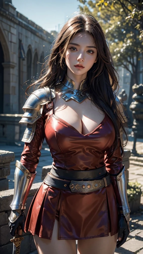((8k, Highest quality:1.2))、((masterpiece)), Beautiful woman, (Attractive Russian Model:1.0)、(((Red Armor)))、Red costume、(((Holding a sword)))、((Ready your sword))、((Colorful armor))、((Western image))、((Background European castle))、(Strong muscular body), (Golden Hair),(((female knight)))、((mini skirt))、((ガーターbelt))、 Braid、Disheveled Hair、feet, (High fantasy battlefield environment), High resolution, (Skin Texture:1.1), Highest quality, 超High resolution, (Realistic: 1.4), RAW Photos, By Ellen von Unwerth, Nikon D850 film stock photos, F1.6 Lenses, Rich colors, Bokeh, Sharp focus, Realistic, Cinestill 800, Backlight, Rim Light, Strong sunlight, Realistic, Realistic Shadow, 3d, (Castle Background:1.2),Hair blowing in the wind、Upper Body、(Ancient fantasy soldiers),(Ancient soldier armor),Combat Accessories,breastplate、 (Leather gloves),Combat Accessories,breastplate、、Voluminous lips、((Big Breasts))、((Huge breasts))、((Perfect Face))、Big eyes、Delicate eyes、((looking at the camera))、belt、Intricately patterned armor、((whole body))、Delicate hands、Uplifting、Are standing、
