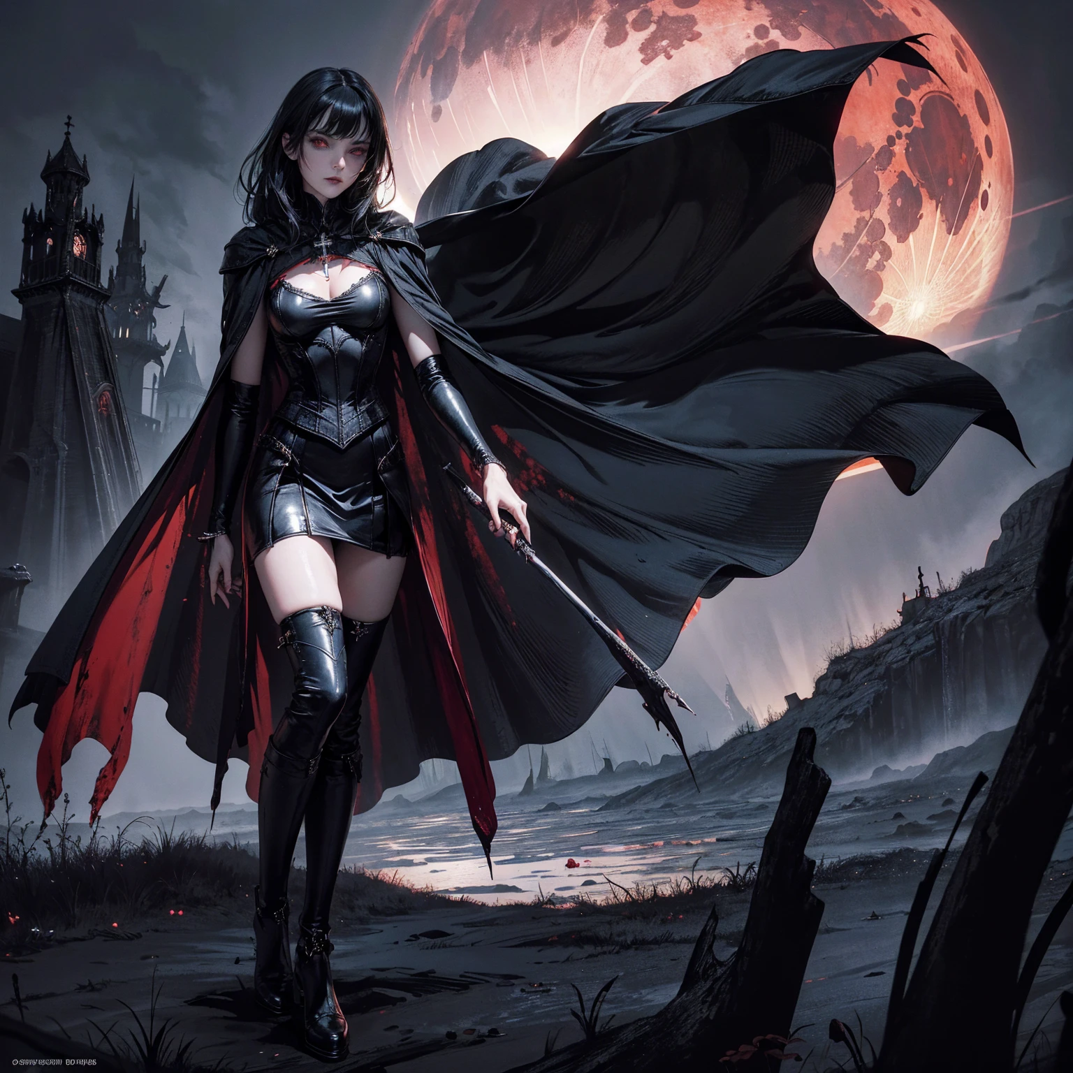 1girl (Solo), bob hair with bangs, black hair, flat chest, small size, golden eyes, tanned skin, serious face, covered blood, nude, full body, fire magic, night, white moon, medieval castle, mountain behind, very sexy body, detailed face, highly detailed, 8k, best quality, masterpiece, vibrant colors, digital art, concept art
