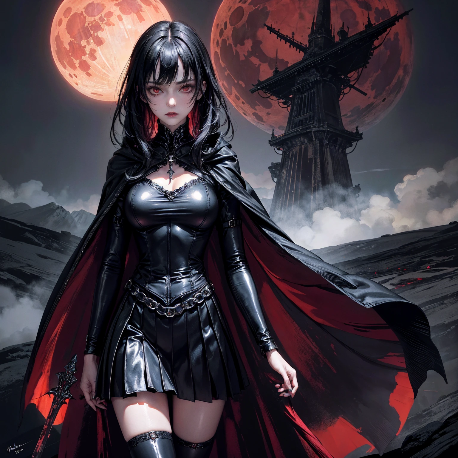 best quality, 4k, high resolution, masterpiece:1.2, Very detailed, actual:1.37, Mood lighting, Girl in a long cape, Wearing a reflective rubber latex skirt that shows a little skin above the chest, Dangerous sneer, Black Hair, Standing, Face facing the camera, Crucified, Pitch black sky, Blood-red moon, strange atmosphere, Gothic style, Unforgettable beauty, Dramatic shadows, Ethereal Light, Mysterious atmosphere.