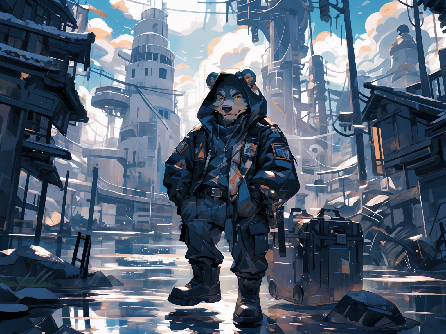 (masterpiece:1.2), best quality,pixiv,official art,perfect anatomy, (Ray tracing, light),solo, (1_male:1.3) , (muscle), (grey fur:1.4), (muscle bear), (beard:1.2), (gleaming golden eyes), bear tail, full body, Thick black eyebrows,(open hooded parka), (naked inside), (cargo pants:1.2), boots , blue sky, lake, sunny , reflection, (Salar de Uyuni:1.3), cloudy, outside, wild, (lake:1.3)
