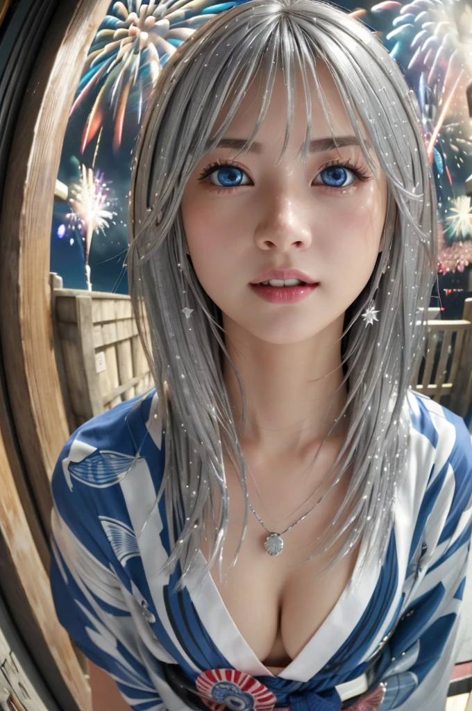 Tabletop、Realistic、Highest quality、Highest quality、masterpiece、Ultra-high resolution、RAW Photos、Realistic、Bright lighting、Face Light、Smooth Professional Lighting、Highest quality、masterpiece、Ultra-high resolution、(Photorealistic:1.4)、RAW Photos、Detailed CG image quality, (Fireworks display:1.4)、Beautiful poop、One Girl、Japanese、18-year-old、(blue eyes:1.2)、Pink lipstick、Laughter、(Silver hair:1.4)、Sunburned skin、(hair ornaments:1.4), (Short length yukata:1.4)、Cleavage、Detailed portrait、8K quality、Concept Art、A dramatic, cinematic atmosphere、(Japanese Shrines:1.2)、Sharp focus、Blurred foreground、Blurred Background:1.3、(8mm fisheye lens:1.4)、(Angle from directly below:1.4)、