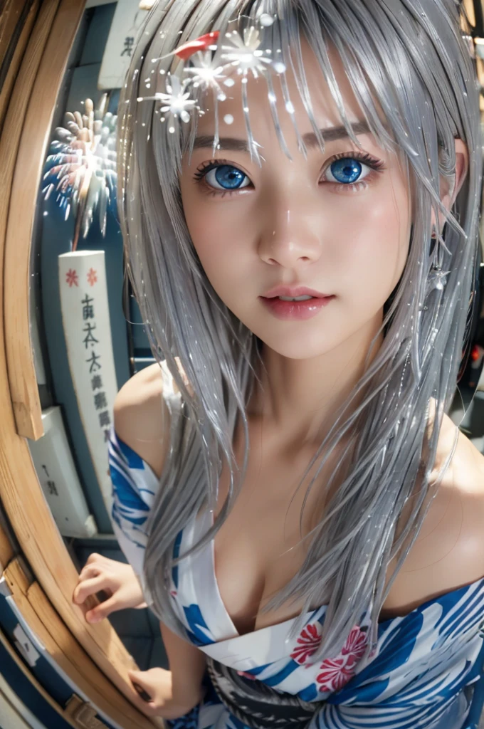 Tabletop、Realistic、Highest quality、Highest quality、masterpiece、Ultra-high resolution、RAW Photos、Realistic、Bright lighting、Face Light、Smooth Professional Lighting、Highest quality、masterpiece、Ultra-high resolution、(Photorealistic:1.4)、RAW Photos、Detailed CG image quality, (Fireworks display:1.4)、Beautiful poop、One Girl、Japanese、18-year-old、(blue eyes:1.2)、Pink lipstick、Laughter、(Silver hair:1.unburned skin、(hair ornaments:1.4), (Short length yukata:1.4)、Cleaailed portrait、8K quality、Concept Art、A dramatic, cinematic atmosphere、(Japanese Shrines:1.2)、Sharp foclurred foreground、Blurred Background:1.3、(8mm fisheye lens:1.4)、(Angle from directly below:1.4)、