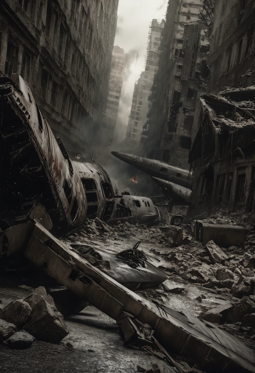 intricate detailed rendering of a crashed military aircraft, massive broken fuselage and debris scattered across a desolate landscape, twisted metal, shattered glass, wreckage on fire, thick black smoke billowing, grim and somber atmosphere, dramatic lighting, cinematic composition, realistic textures, muted color palette, (best quality,8k,highres,masterpiece:1.2),ultra-detailed,(realistic,photorealistic,photo-realistic:1.37),cinematic,dramatic,gritty,war,military,aircraft,crash,destruction,smoke,fire,debris,twisted,metal,damaged,abandoned,desolate,moody,dark,muted colors