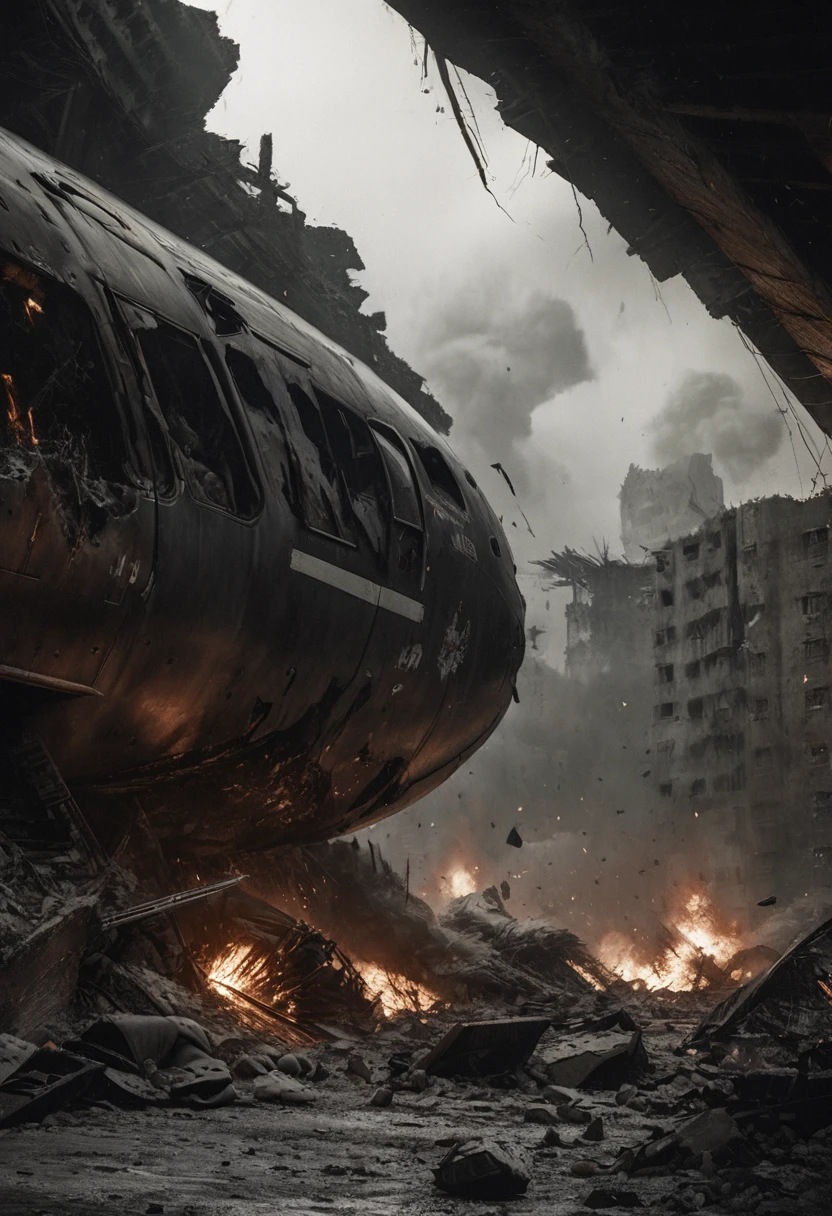 intricate detailed rendering of a crashed military aircraft, massive broken fuselage and debris scattered across a desolate landscape, twisted metal, shattered glass, wreckage on fire, thick black smoke billowing, grim and somber atmosphere, dramatic lighting, cinematic composition, realistic textures, muted color palette, (best quality,8k,highres,masterpiece:1.2),ultra-detailed,(realistic,photorealistic,photo-realistic:1.37),cinematic,dramatic,gritty,war,military,aircraft,crash,destruction,smoke,fire,debris,twisted,metal,damaged,abandoned,desolate,moody,dark,muted colors