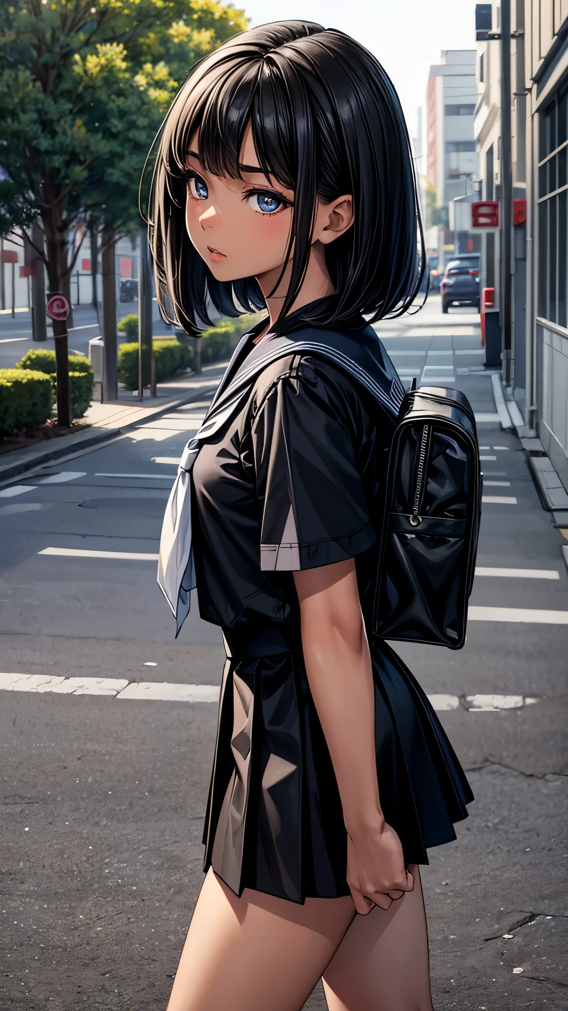 ((From side2.0)),((look away2.0)),((face close up)),beautiful detailed eyes, beautiful detailed lips, extremely detailed eyes and face, longeyelashes, 1 Japanese girl, outside the countryside,,((dark skin color)), (very short black hair),displeased,sailor suit, dark blue color, white shirts, short sleeve, school, dark blue skirt, black skirt, high socks, sneaker, school bag, walk the countryside,((looking down2.0)),spread legs,best quality, 4k, 8k, highres, masterpiece:1.2, ultra-detailed, realistic, photorealistic, photo-realistic:1.37, HDR, UHD, studio lighting, ultra-fine painting, sharp focus, physically-based rendering, extreme detail description, professional, vivid colors, bokeh, portraits