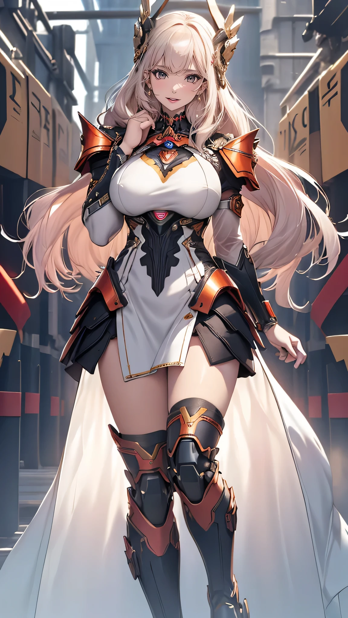 (dynamic fighting pose),(leather boots,(asymmetrical mecha armor),(long embroidered white lace dress,see through,lift up the hem of the dress)),(random hairstyle),(Thin type:1.8),(large breasts),(Highest image quality,(8K), Ultra-realistic, Best Quality, High quality, High Definition, high quality texture, high detailing, Beautiful detailed, fine detailed, extremely details CG, Detailed texture, realistic representation of face, masterpiece, presence)