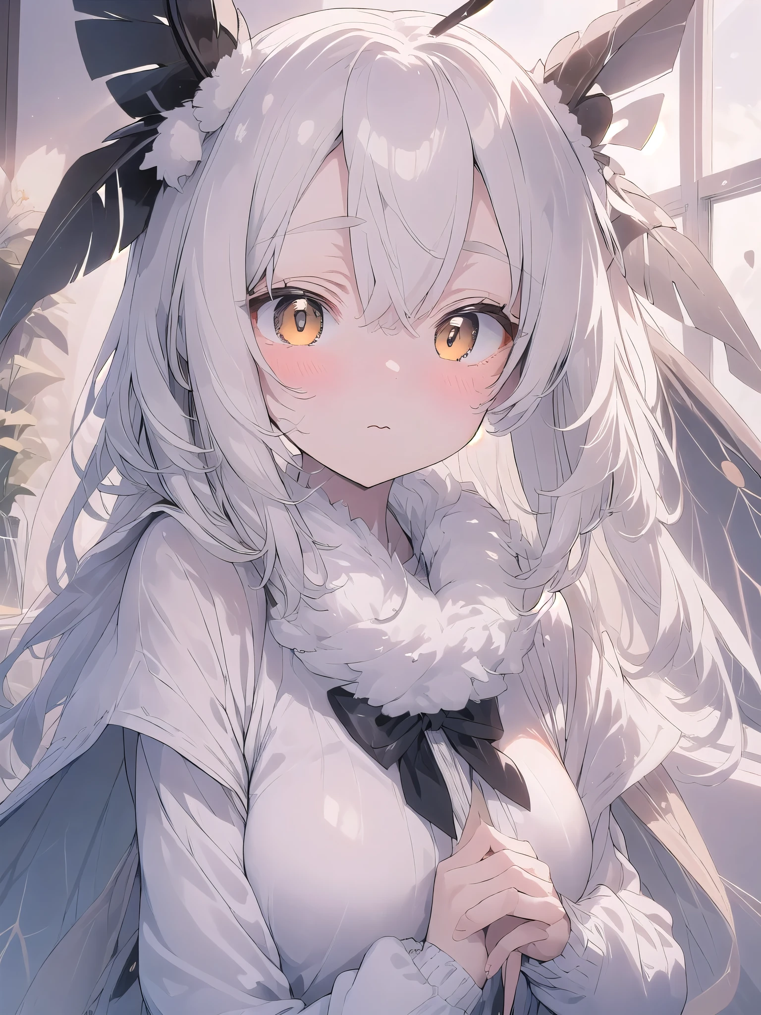 mothgirlcpt, moth antennae, moth wings, solo, 1girl, drooping tactile sensation、cute、fluffy、Light production、Silkworm moth、