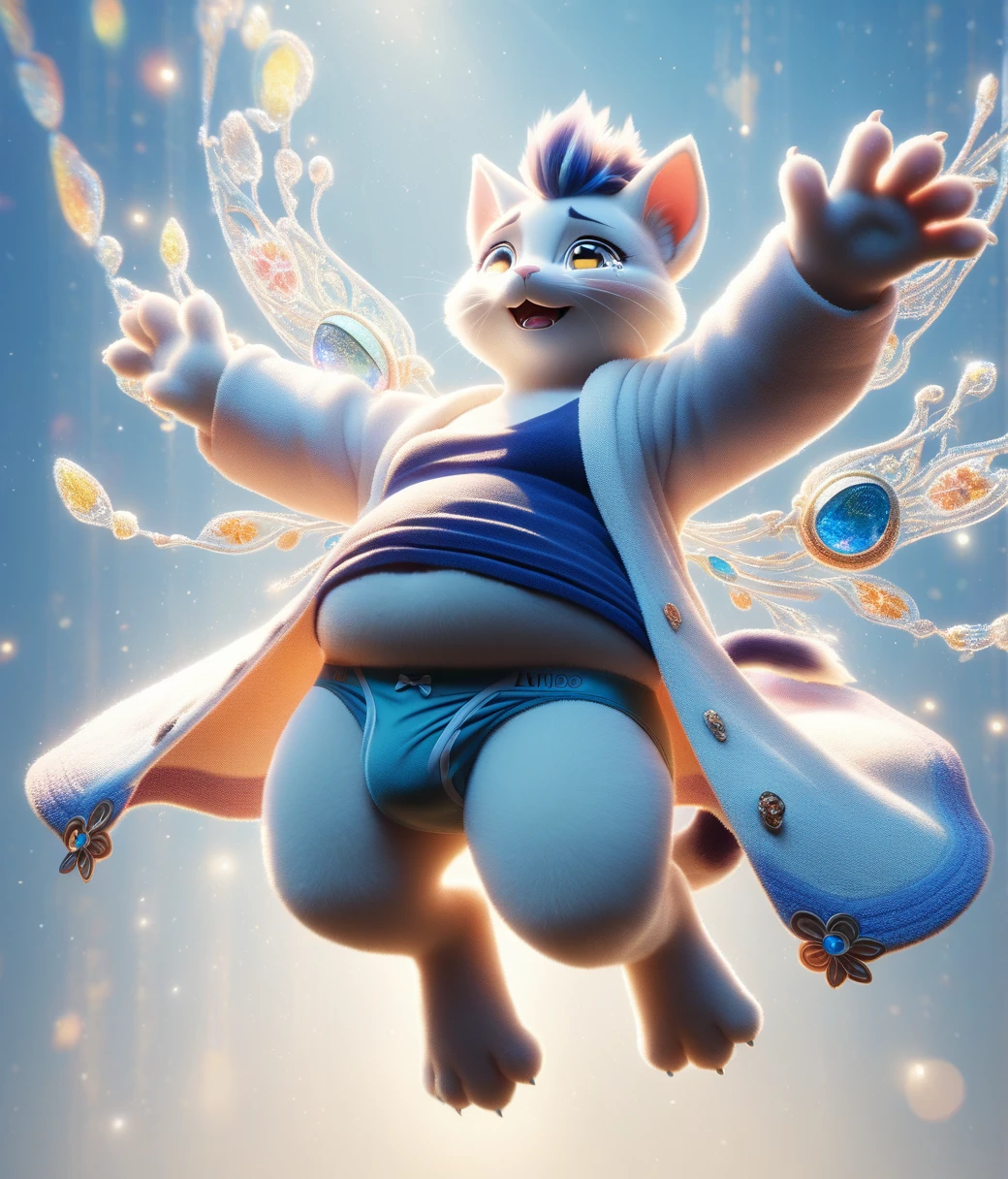 (Chubby female anthropomorphic cat), whole body, Crying with big tears flying, 明るいDaytimeの都会, White coat, high quality Fantasy art of a beautiful Adorable made of sun light, Adorable, Magic oasis, Fantasy, Daytime, sunlight, Magic, Very detailed, beautiful,Whimsical, High-resolution images, (Indigo Tank Top, Indigo Briefs)