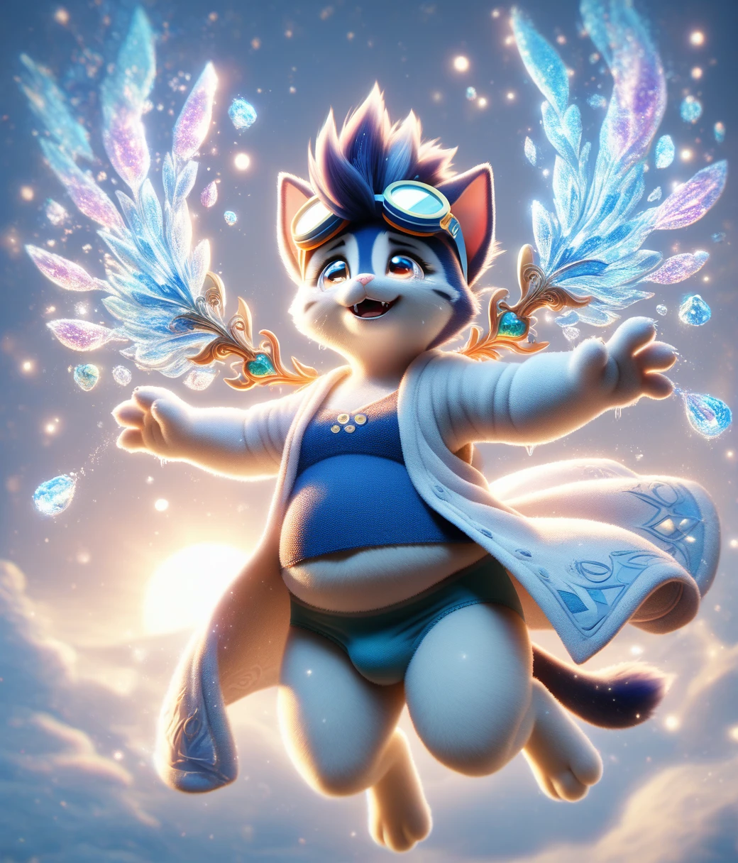 (Chubby female anthropomorphic cat), whole body, Crying with big tears flying, 明るいDaytimeの都会, White coat, high quality Fantasy art of a beautiful Adorable made of sun light, Adorable, Magic oasis, Fantasy, Daytime, sunlight, Magic, Very detailed, beautiful,Whimsical, High-resolution images, (Indigo Tank Top, Indigo Briefs)