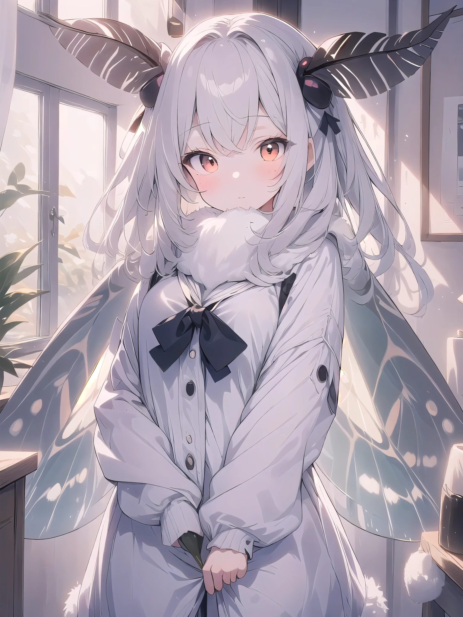mothgirlcpt, moth antennae, moth wings, solo, 1girl, drooping tactile sensation、cute、fluffy、Light production、Silkworm moth