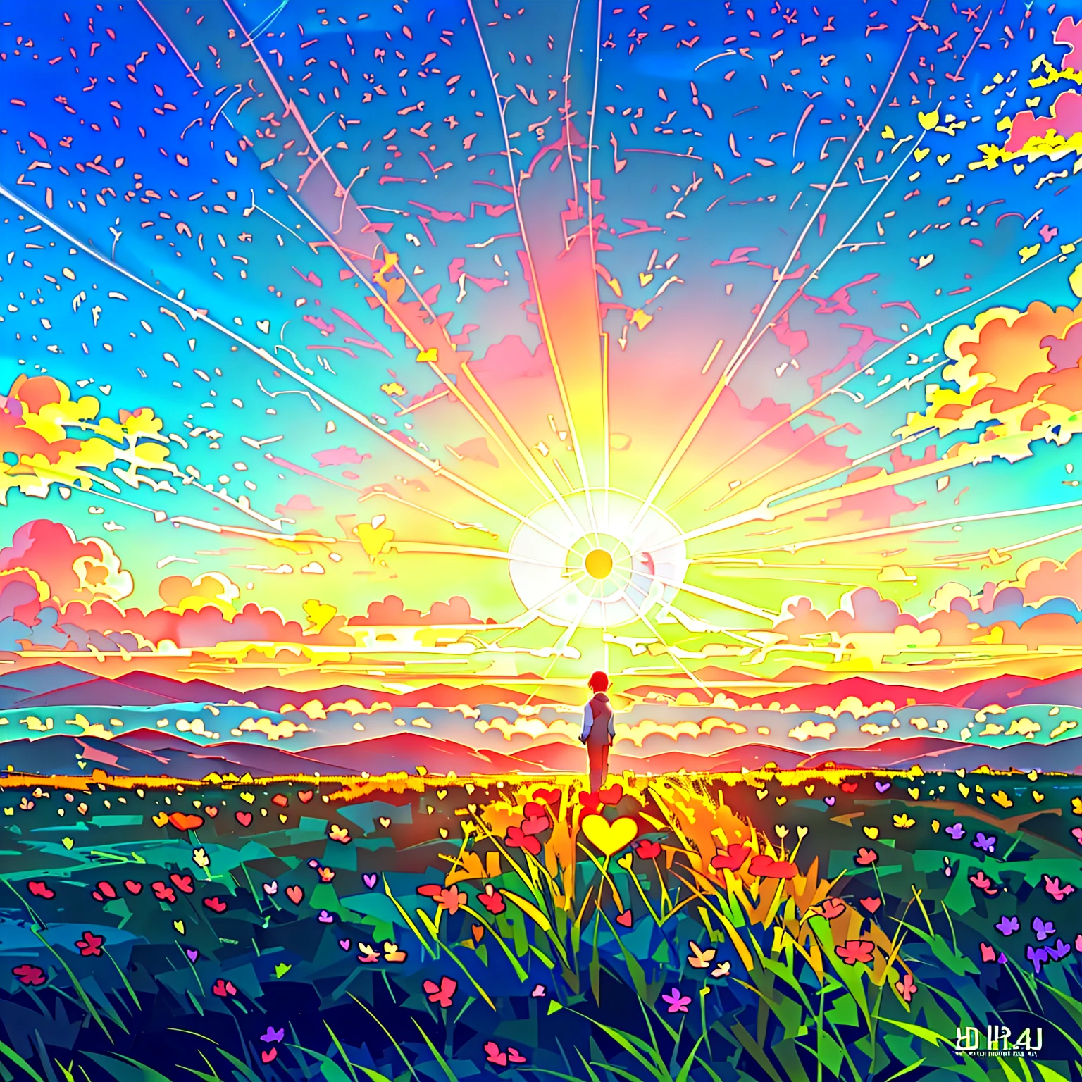 Free a heart from sorrow，A little man standing on an empty meadow，There is a heart-shaped flower on the grass，Heart shaped flowers，Rising sun，Sea of Clouds，4K，Ultra HD Wallpaper，morning glow，Full of details