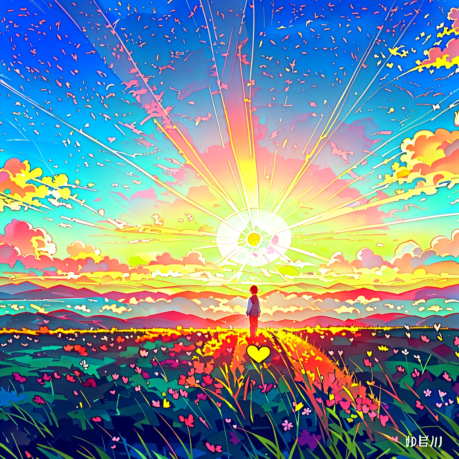 Free a heart from sorrow，A little man standing on an empty meadow，There is a heart-shaped flower on the grass，Heart shaped flowers，Rising sun，Sea of Clouds，4K，Ultra HD Wallpaper，morning glow，Full of details