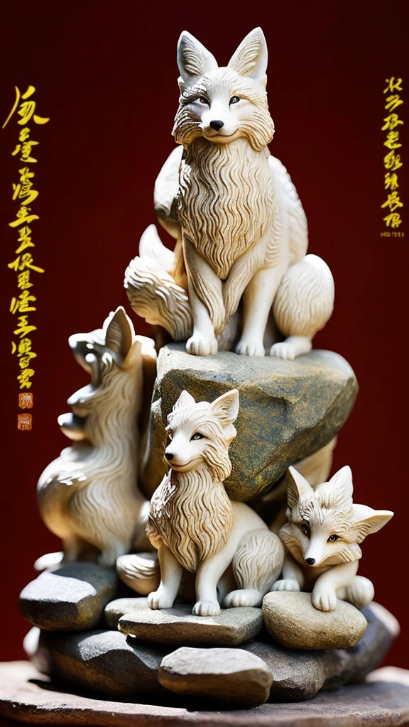 high quality、Traditional Asian architecture in the background、Pointed Ears、god々Shii、A powerful fox、Textured fur pattern、looking at the camera、Stone statue、Real、動きそうなStone statue、Multiple tails、Have a keen eye、Create an exquisitely detailed stone fox sculpture with life-like features。