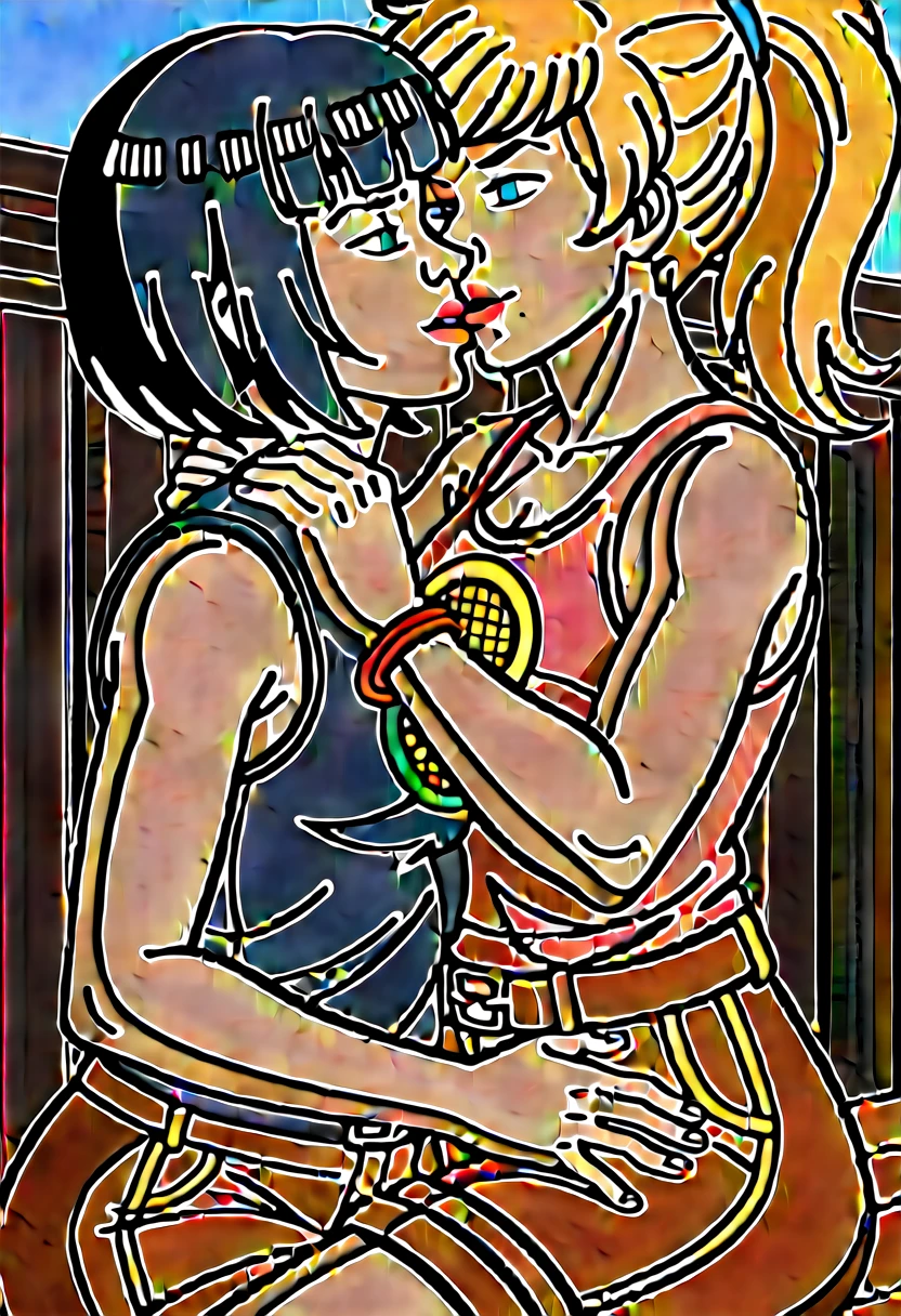score_9, score_8, score_7, score_8_up, score_7_up, score_6_up, 2girls, (((xgix,black hair,bob cut,blunt bangs,brown eyes,lipstick,bracelet, tank top, belt, brown shorts, small breasts))), (((xlinkax, blonde hair, ponytail, blue eyes, medium breasts, tank top, belt, brown shorts))), lies on floor, by wooden bench, sunshine, hugging, kissing, grab breasts and ass, covered nipples, french kiss, saliva , seductive, blushing, aroused, side view,